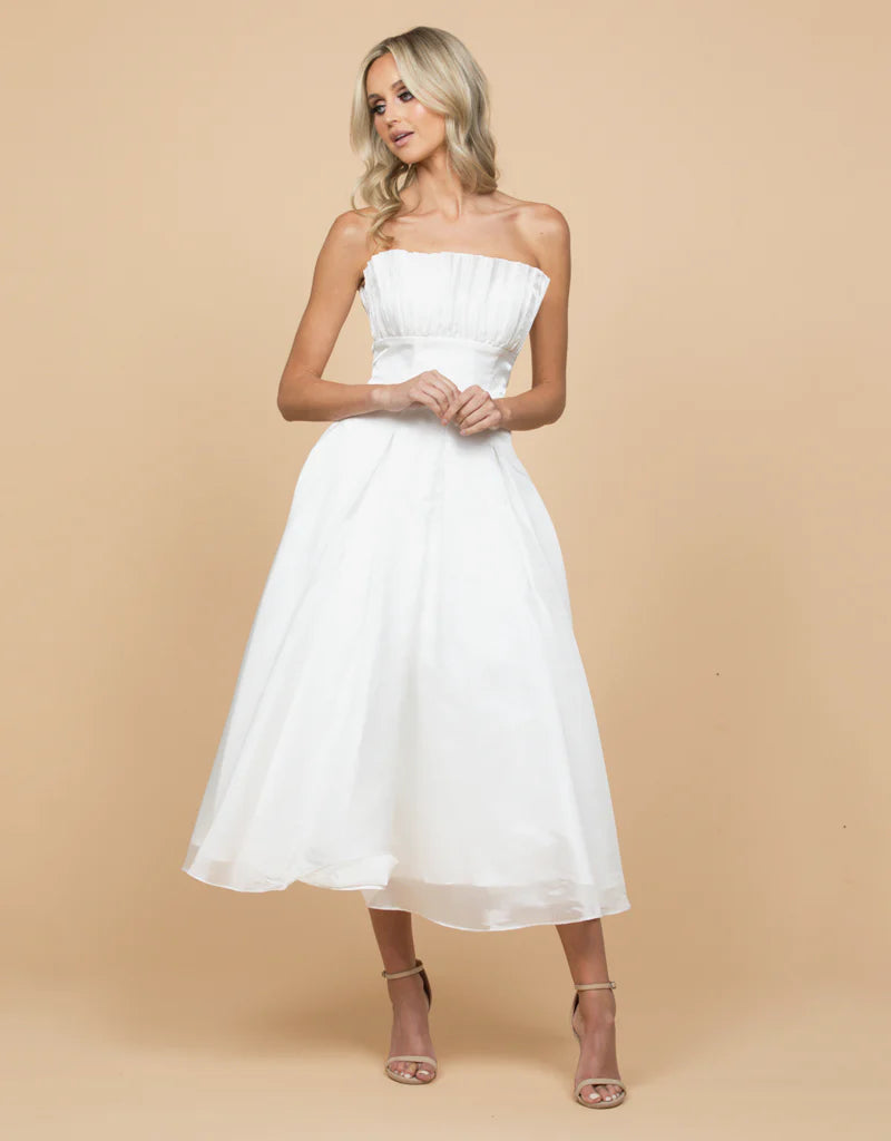 Farra Strapless Ruffle A-Line Dress for Women - Elegant Ruffled Neckline & Flowy Skirt | Perfect for Weddings, Parties & Special Occasions