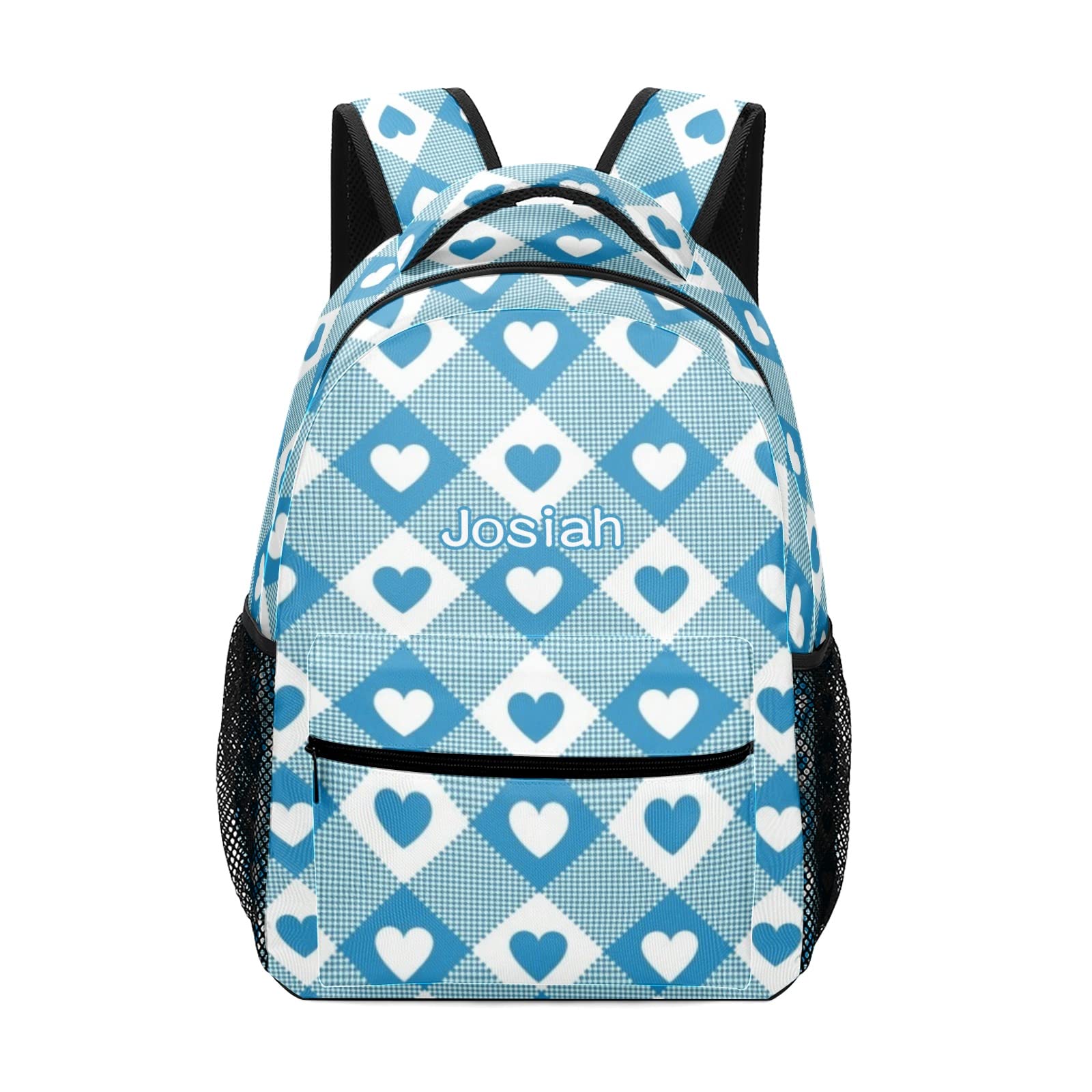 Personalized Plaid Backpack for School & Travel - Blue Gingham Hearts