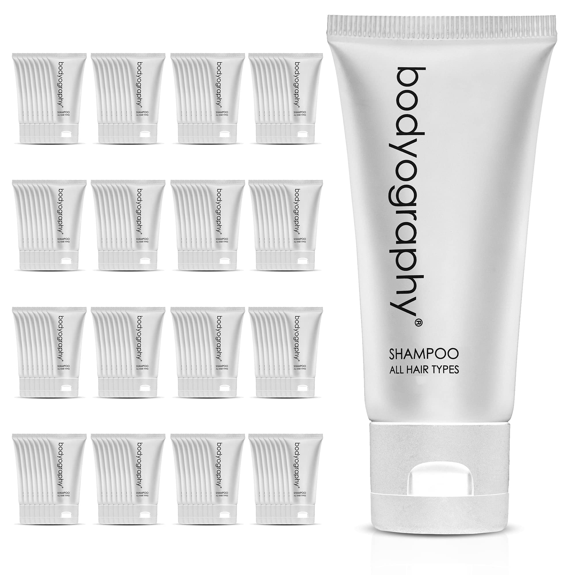 Bodyography Blanc Bulk Shampoo - 50 Count Travel Size (1.4oz Each) | Vanilla White Tea Scent | Eco-Friendly Recyclable Flip-Top Tubes | Perfect for Hotels, Gyms, Travel & Sample Kits