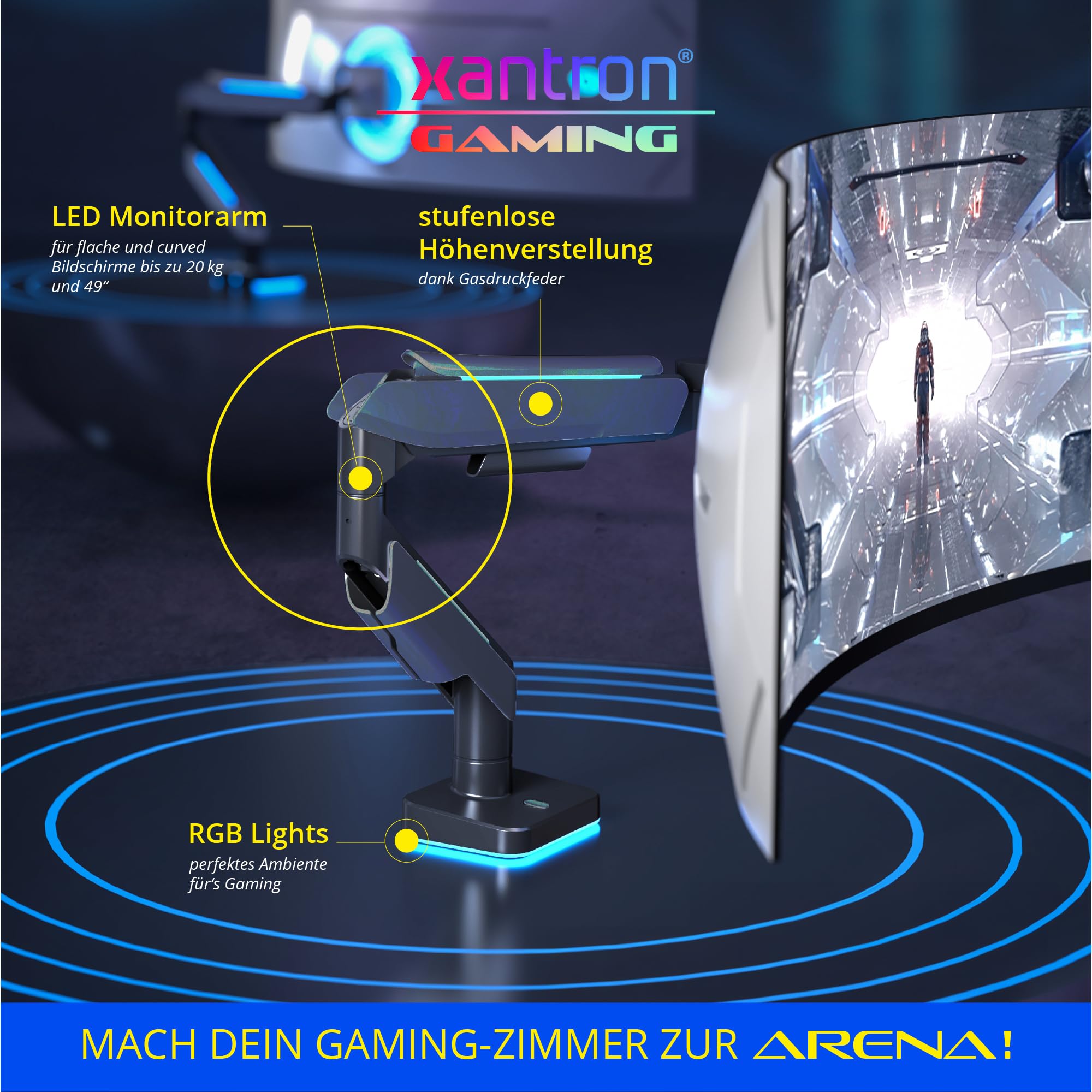 Xantron® RGB Gaming Monitor Arm - Heavy Duty 17-49 Inch Adjustable Stand for Curved & Flat Screens (Max 20kg) - Ergonomic Gas Spring Mount for PC, Workstation & Gaming Setup - Perfect for Home Office, Streaming & Esports