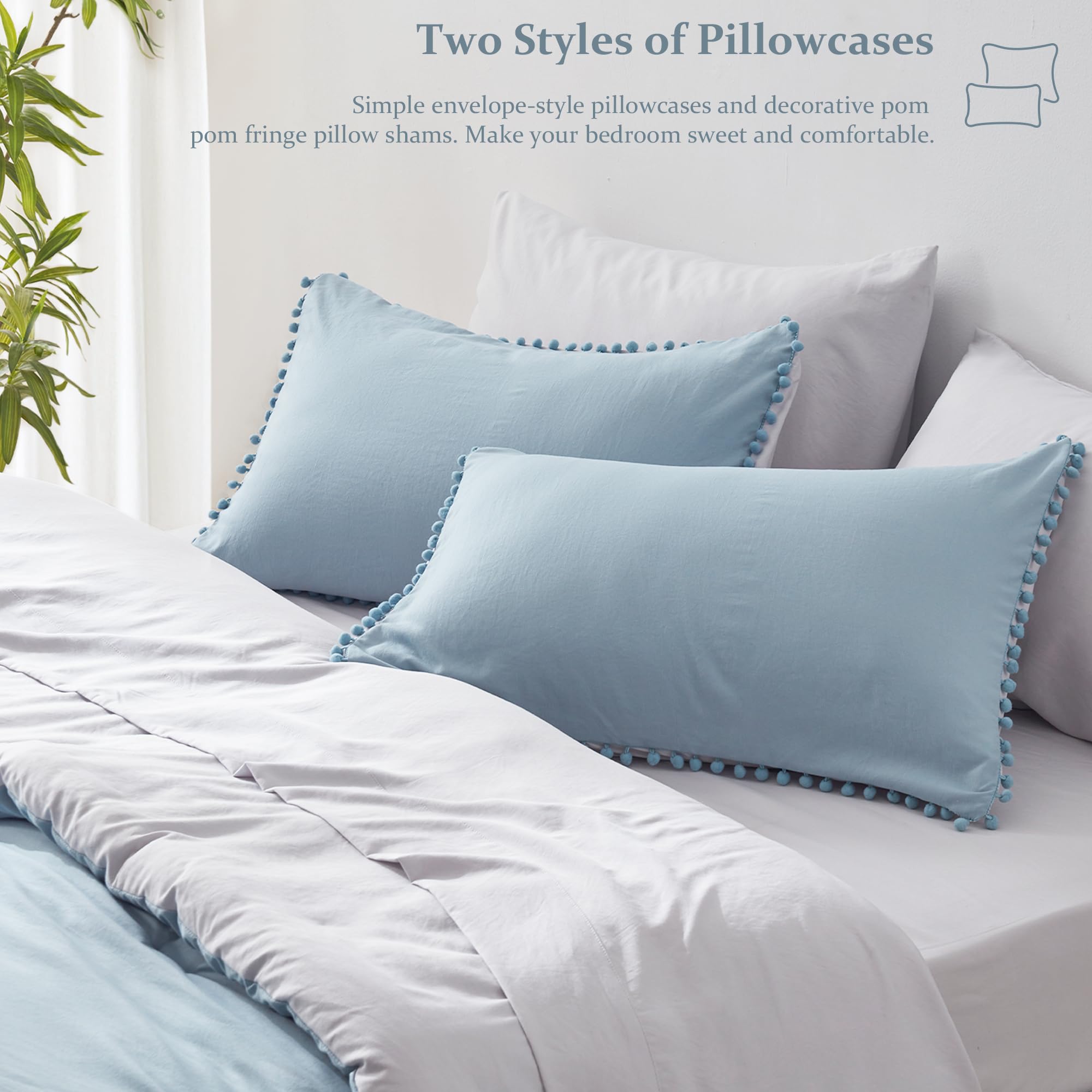 GRT 7-Piece Reversible Queen Size Comforter Set with Pom Pom Fringe - Blue Bedding Includes Comforter, Pillow Shams, Sheets & Pillowcases | Perfect for Master Bedroom, Guest Room & Cozy Home Decor