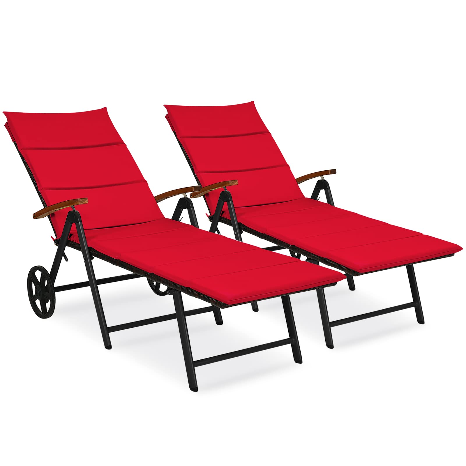 Tangkula Foldable Outdoor Chaise Lounger - Adjustable Wicker Lounge Chair with Cushion, Black Aluminum Frame & Wheels for Easy Moving - 7-Position Reclining Patio Furniture for Poolside, Garden, Balcony, Backyard & Beach Relaxation