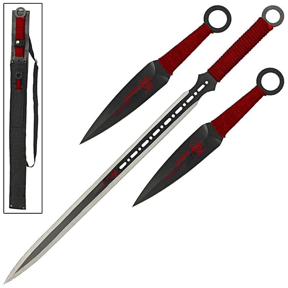 Zombie Slayer Ninja Sword & Throwing Knife Set - Medieval Weaponry for Cosplay, LARP & Survival Training | Perfect for Halloween, Themed Parties & Collectors