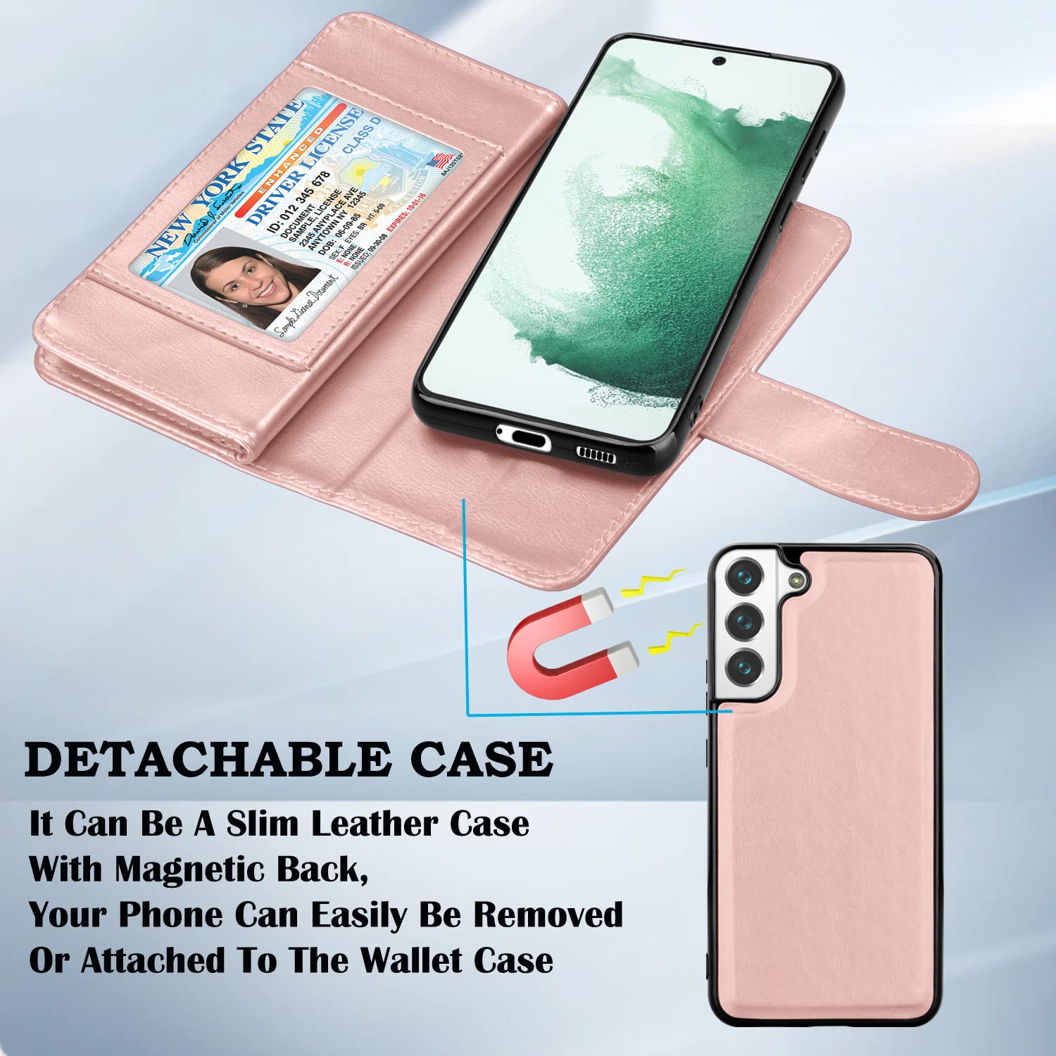 Premium PU Leather Wallet Case for Samsung Galaxy S22 Plus - 9 Card Slots, Detachable Magnetic Flip Cover with Kickstand & Wrist Strap (Rose Gold) | Perfect for Business, Travel & Everyday Use