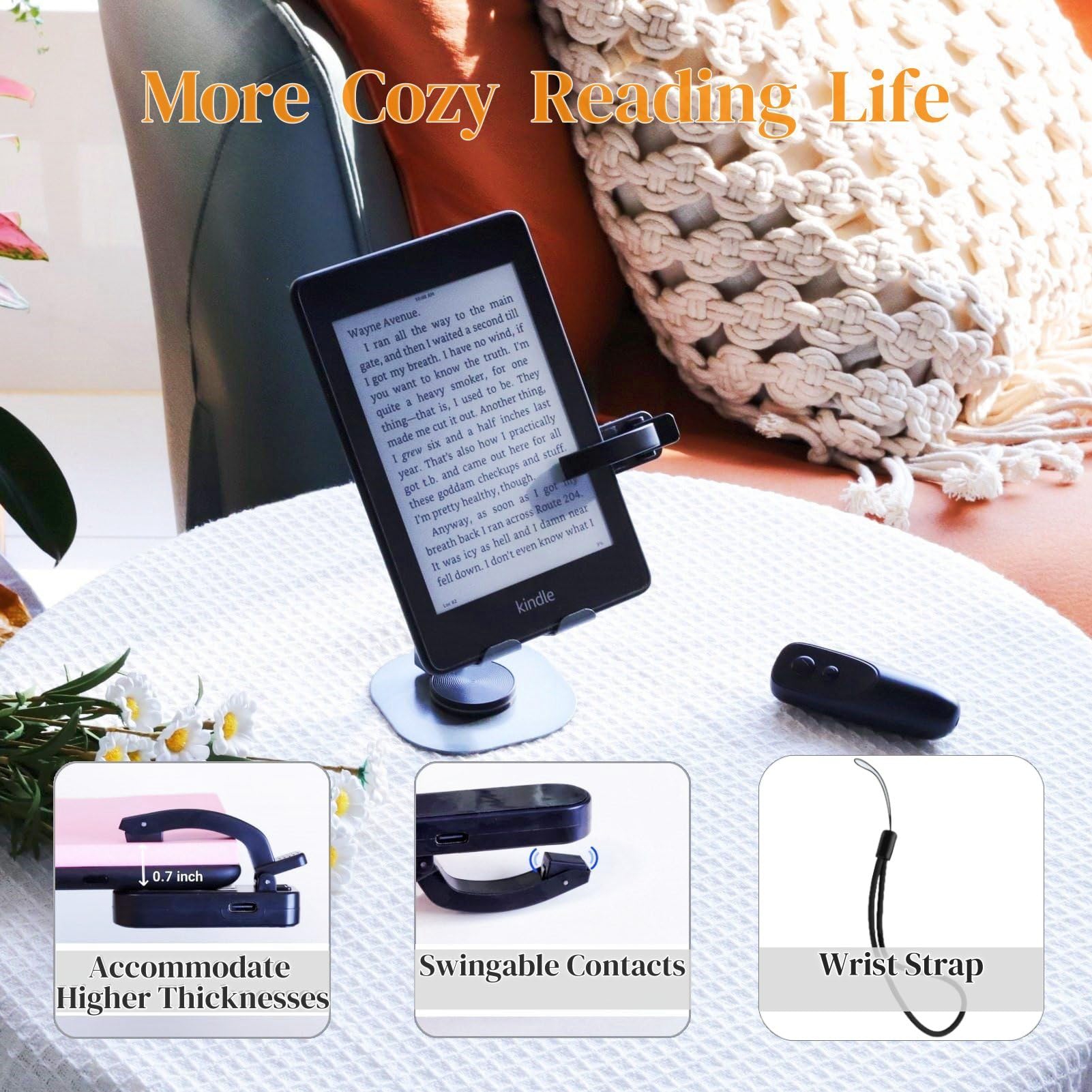 Bluetooth & RF Kindle Page Turner Remote with Stand - Compatible with Kindle Paperwhite Colors, Hands-Free Reading in Bed, Includes Lanyard & Holder - Perfect for Nighttime Reading, Studying, and Relaxation