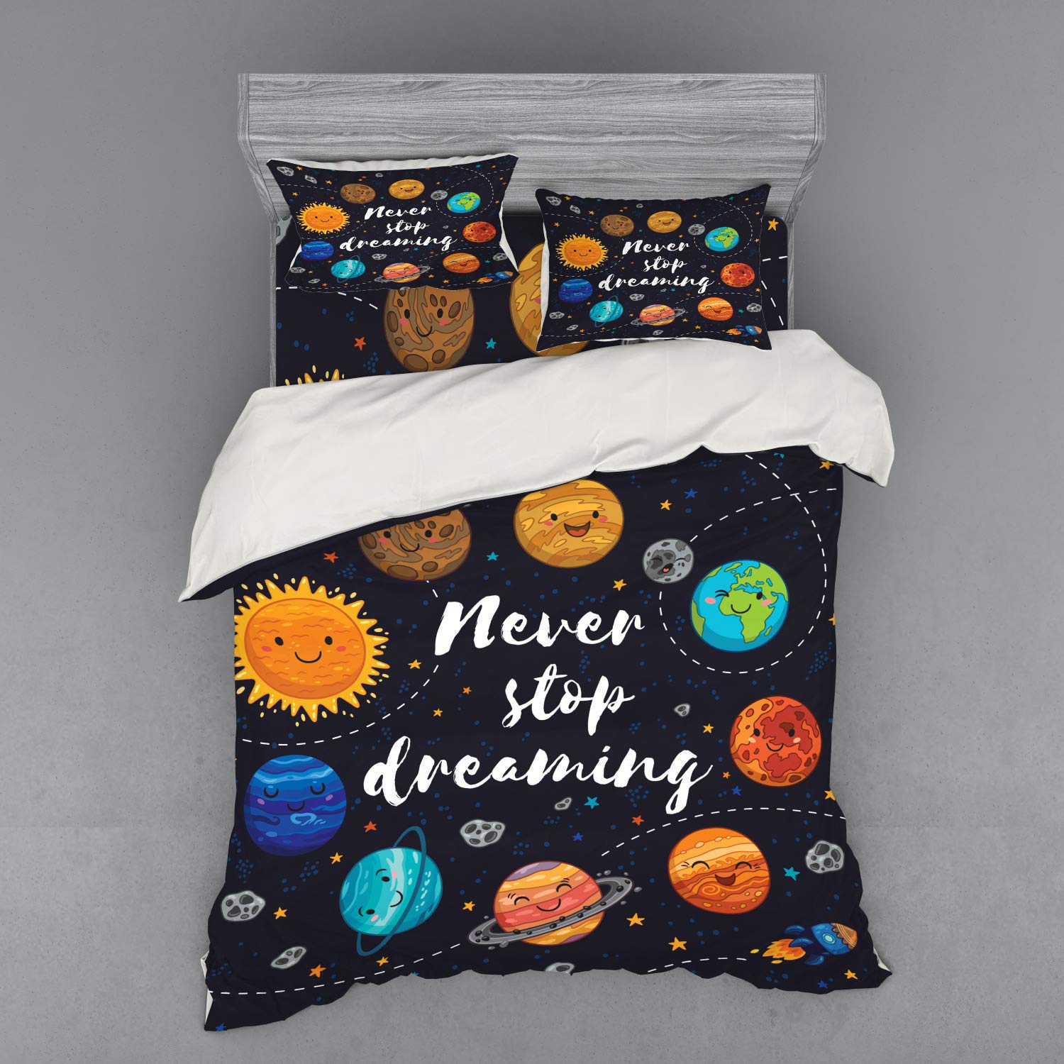 Ambesonne Outer Space Planets Bedding Set - 4 Piece Duvet Cover with Shams & Fitted Sheet, California King Size, Vibrant Solar System Galaxy Print - Perfect for Astronomy Lovers' Bedroom Decor