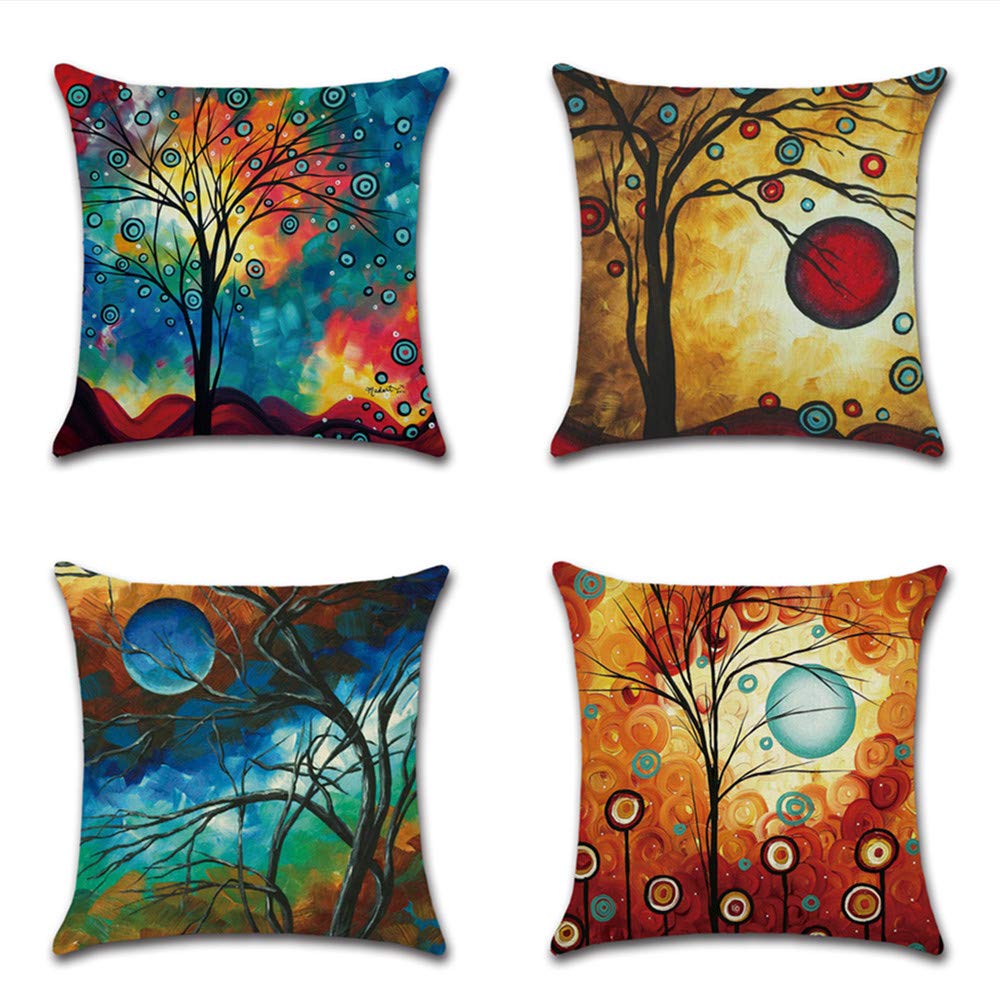 Premium HOSTECCO 16x16 Inch Oil Painting Pillow Covers Set of 4 - Moon & Tree Design Decorative Throw Cushion Cases for Sofa, Bedroom & Living Room Decor