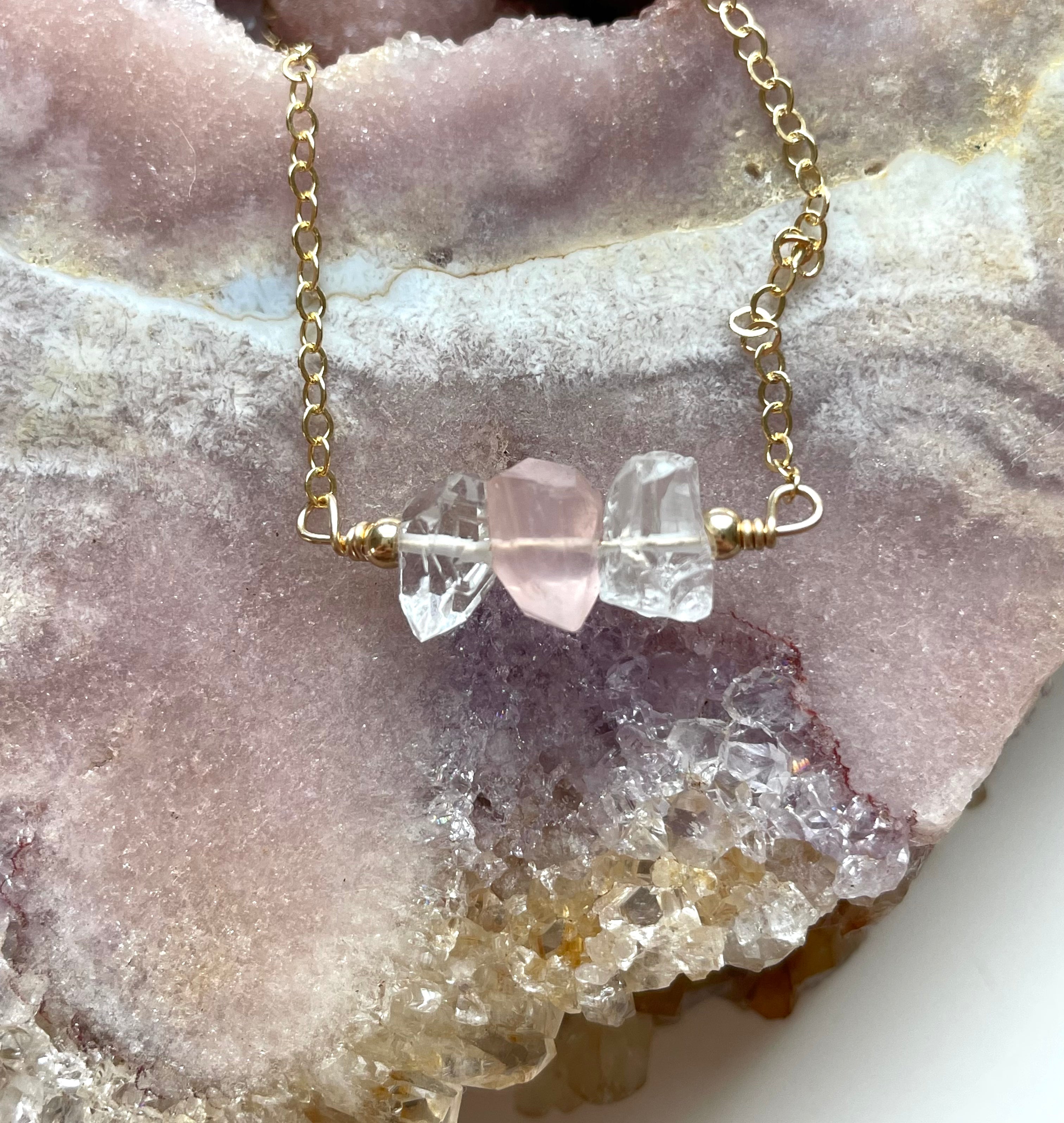 Elegant Feminine Crystal Necklace - Herkimer Diamond, Rose Quartz & Clear Quartz Pendant for Women | Perfect for Weddings, Date Nights & Spiritual Healing