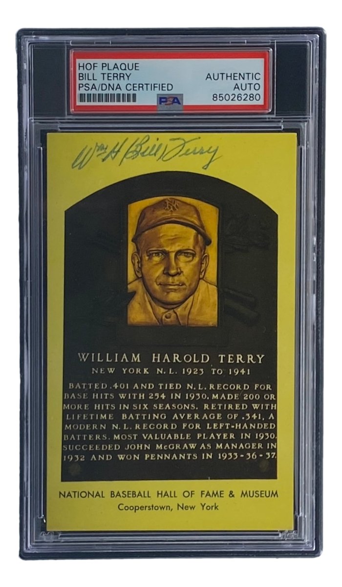 Bill Terry Autographed 4x6 New York Giants Hall of Fame Plaque Card with PSA/DNA Certification #85026280 - Perfect for Sports Memorabilia Collectors and Giants Fans Display