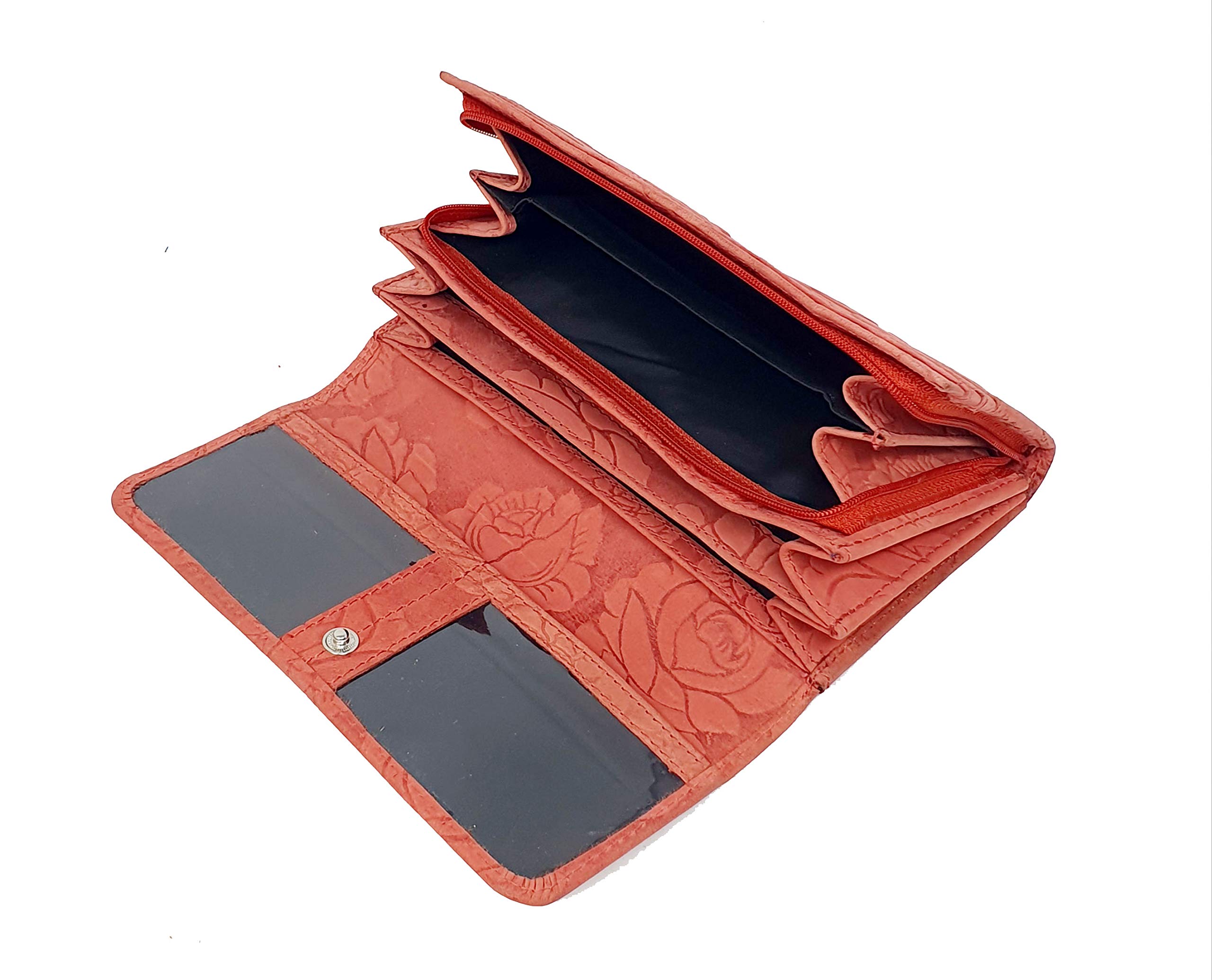 Women's Genuine Leather RFID Blocking Wallet - Floral Embossed Crossbody Purse with Zipper Pocket for Credit Cards, Coins & Phone | Stylish Ladies Handbag for Work, Travel & Everyday Use (Red)