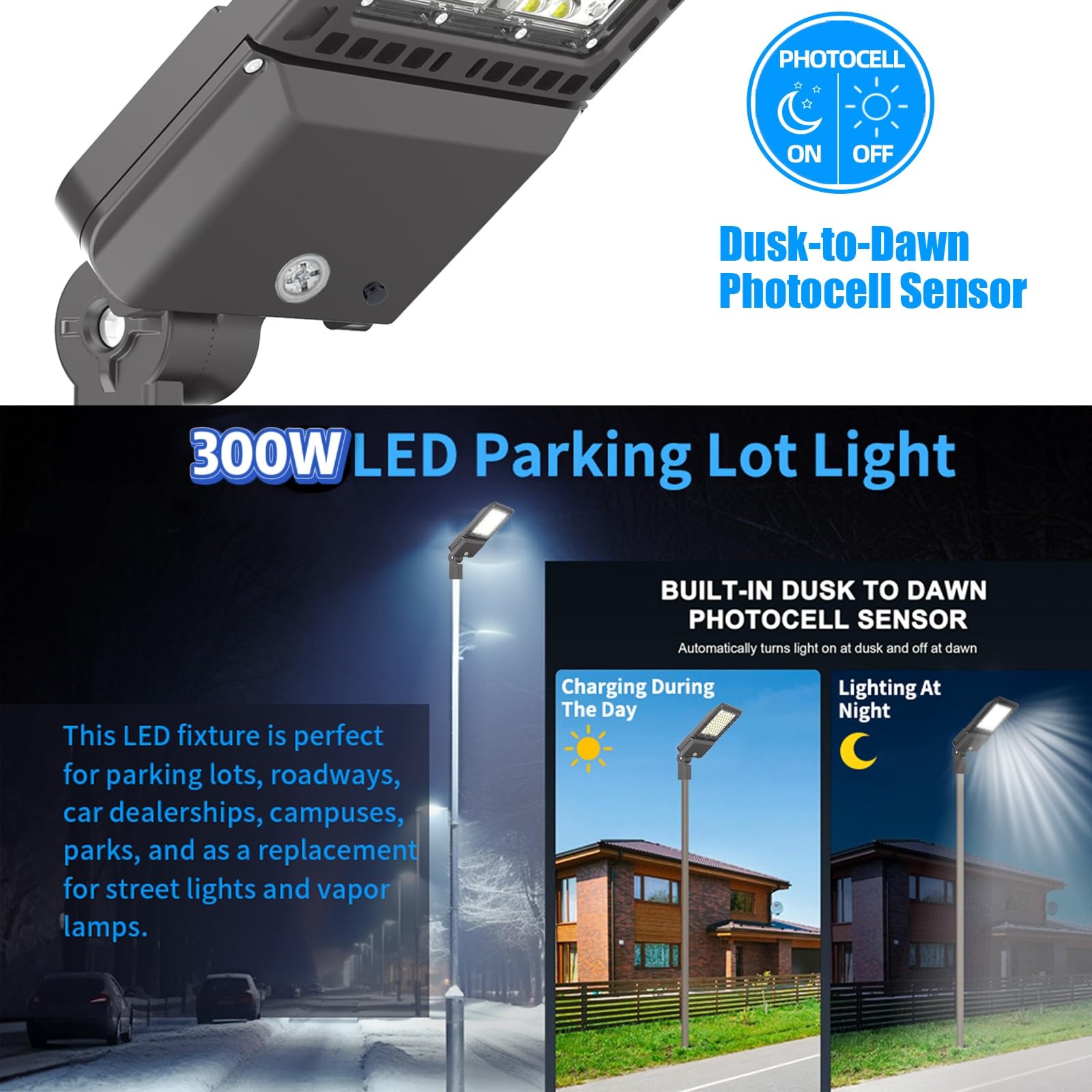 300W LED Parking Lot Lights Outdoor - 5000K Daylight White, Adjustable Slip Fit Mount with Dusk to Dawn Photocell Sensor, IP65 Waterproof, 39,000 Lumens Commercial Shoebox Pole Mount Lights for Stadiums, Roadways, Streets | Perfect for Parking Lots, Gas Stations & Warehouse Areas