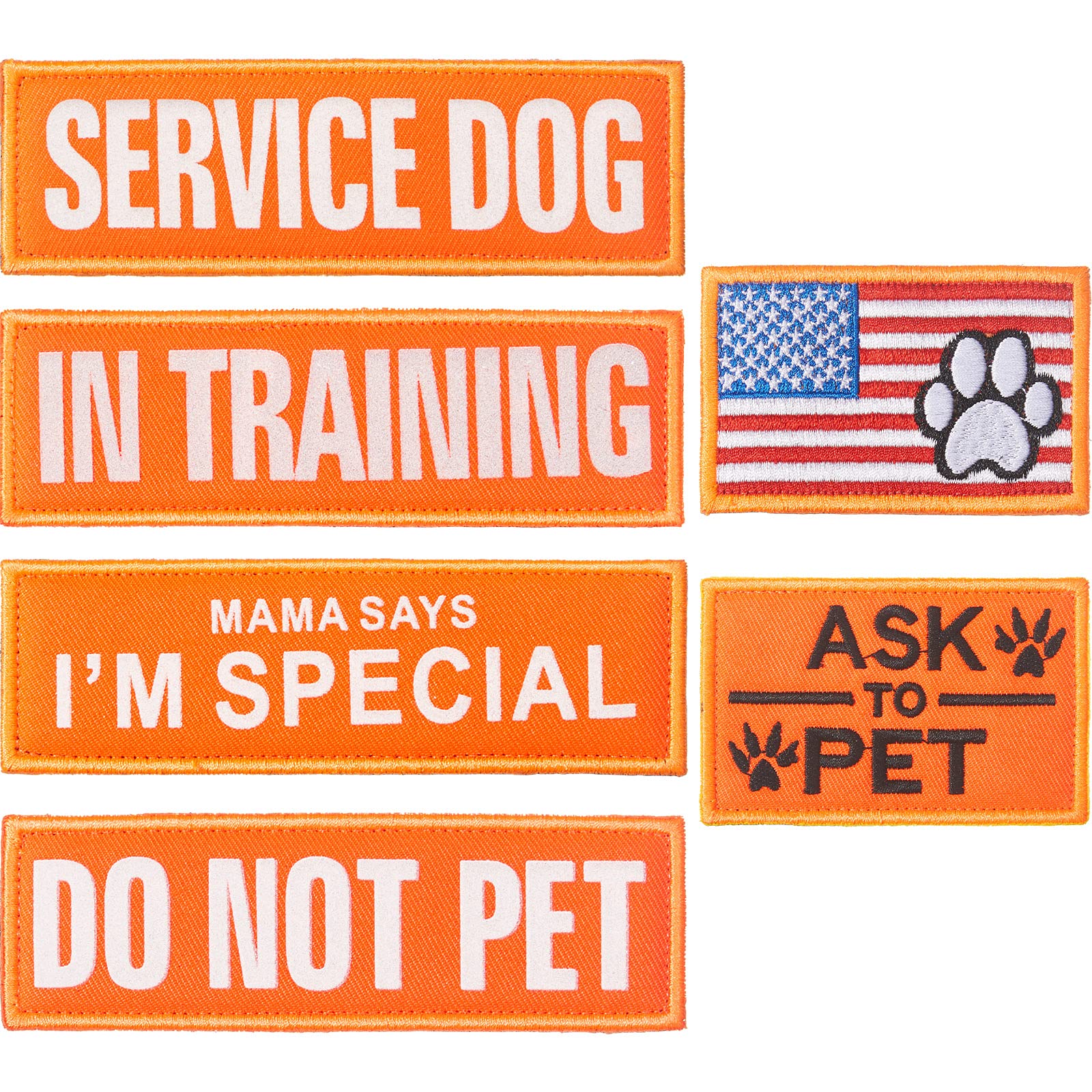 6 Pcs Reflective Service Dog Training Patches - Removable Tactical Vest Patches with USA Flag & Dog Paw Design - Hook & Loop Appliques for Do Not Pet/Ask to Pet - Ideal for Dog Harnesses, Vests & Pet Safety Gear (6 Styles) - Perfect for Service Dogs, Training Sessions & Outdoor Adventures