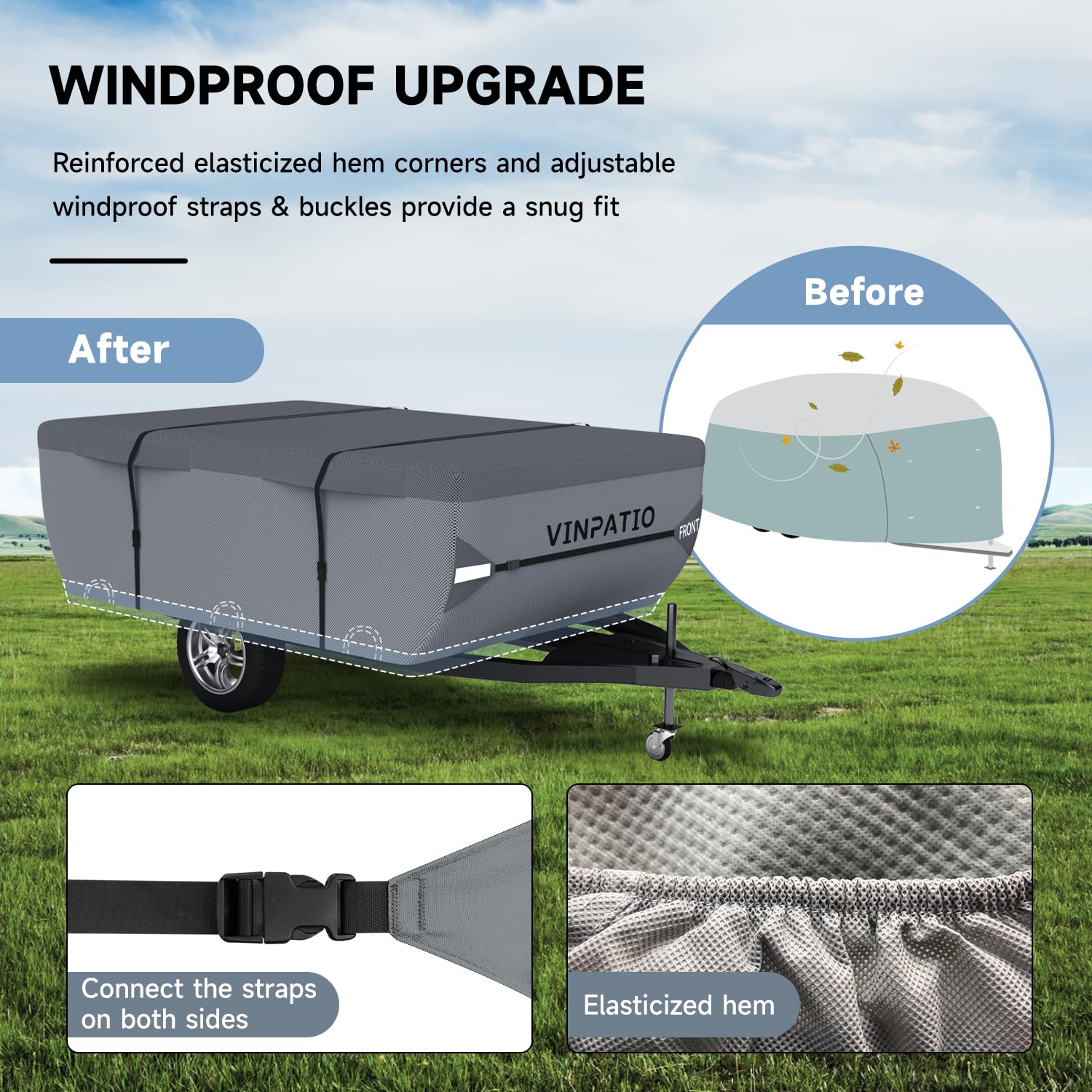 Waterproof & UV-Resistant Pop Up Camper Cover for 10'-12' Trailers - Heavy Duty Windproof Straps | Folding Camper Tent Trailer Protection for Outdoor Camping & RV Storage