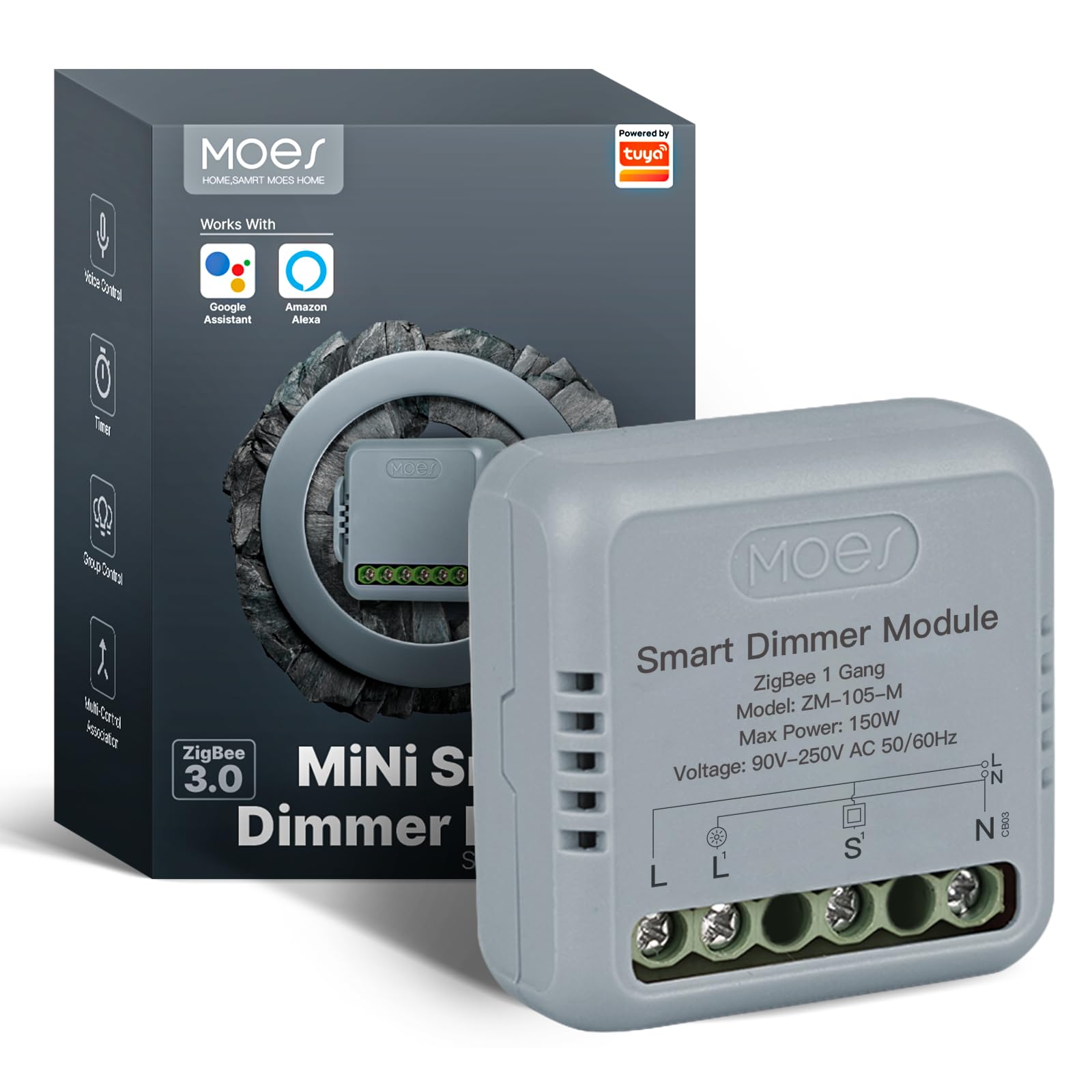 MOES Mini ZigBee LED Dimmer Switch Module - Smart In-Wall Dimmer for Alexa & Google Home, Requires MOES ZigBee Hub, 1 Gang - Perfect for Home Automation & Smart Lighting Control