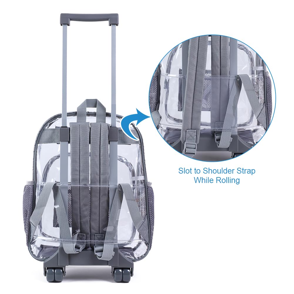Durable Rolling Clear Backpack - Heavy Duty Cold-Resistant Transparent PVC Wheeled Backpack for School, Travel & Security Checks (Grey)