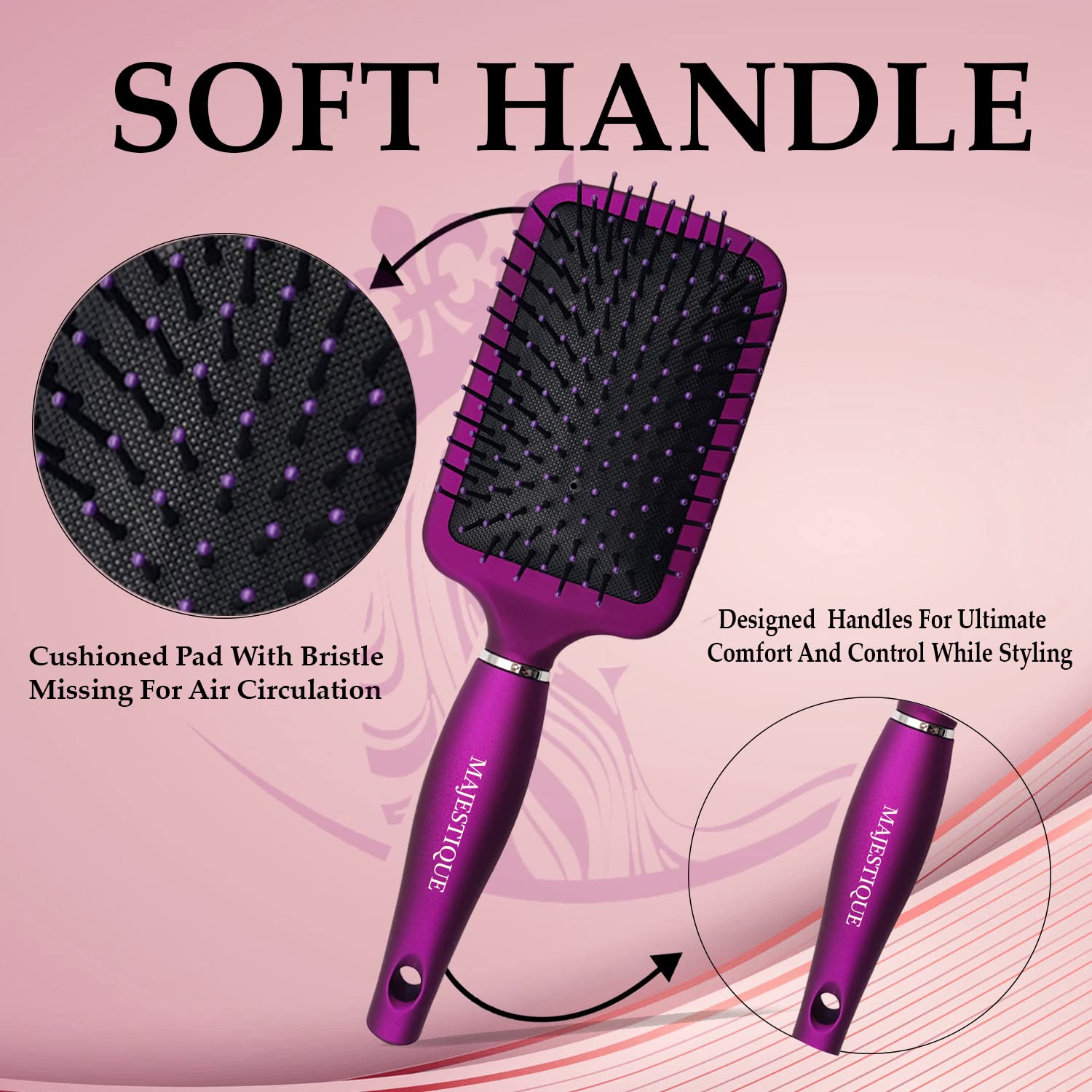 Majestique Premium Purple Paddle Hair Brush - Flat Straightening & Detangling Brush for All Hair Types - Women, Men & Kids - Soft Nylon Bristles Remove Dirt & Excess Oils (Purple) | Perfect for Daily Styling, Salon Results at Home & Travel-Friendly Hair Care