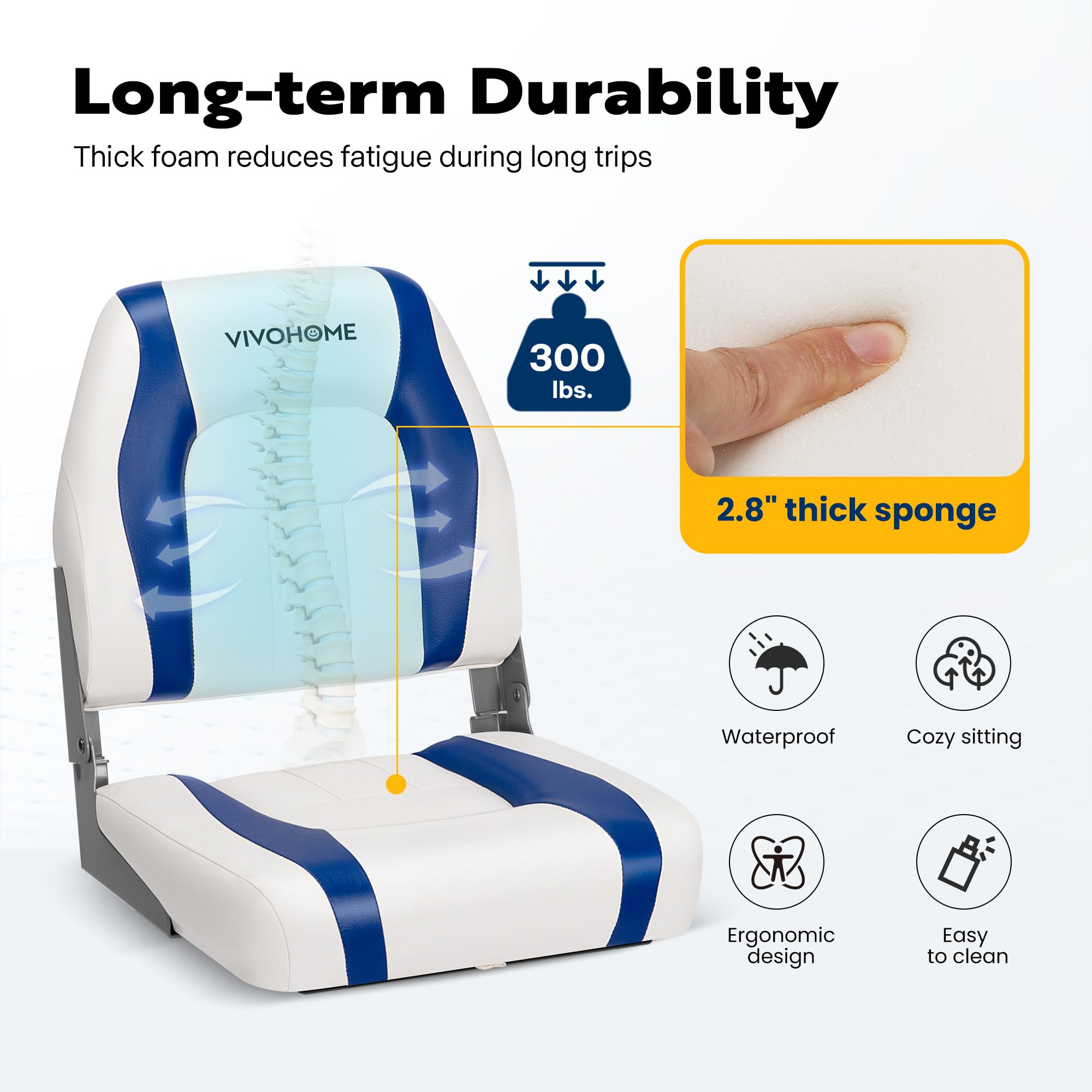 VIVOHOME 2 Pack Folding Low Back Boat Seats - Waterproof Marine Captain Chairs with 4 Mounting Screws, White & Blue - Perfect for Fishing Boats, Yachts, and Pontoon Boats