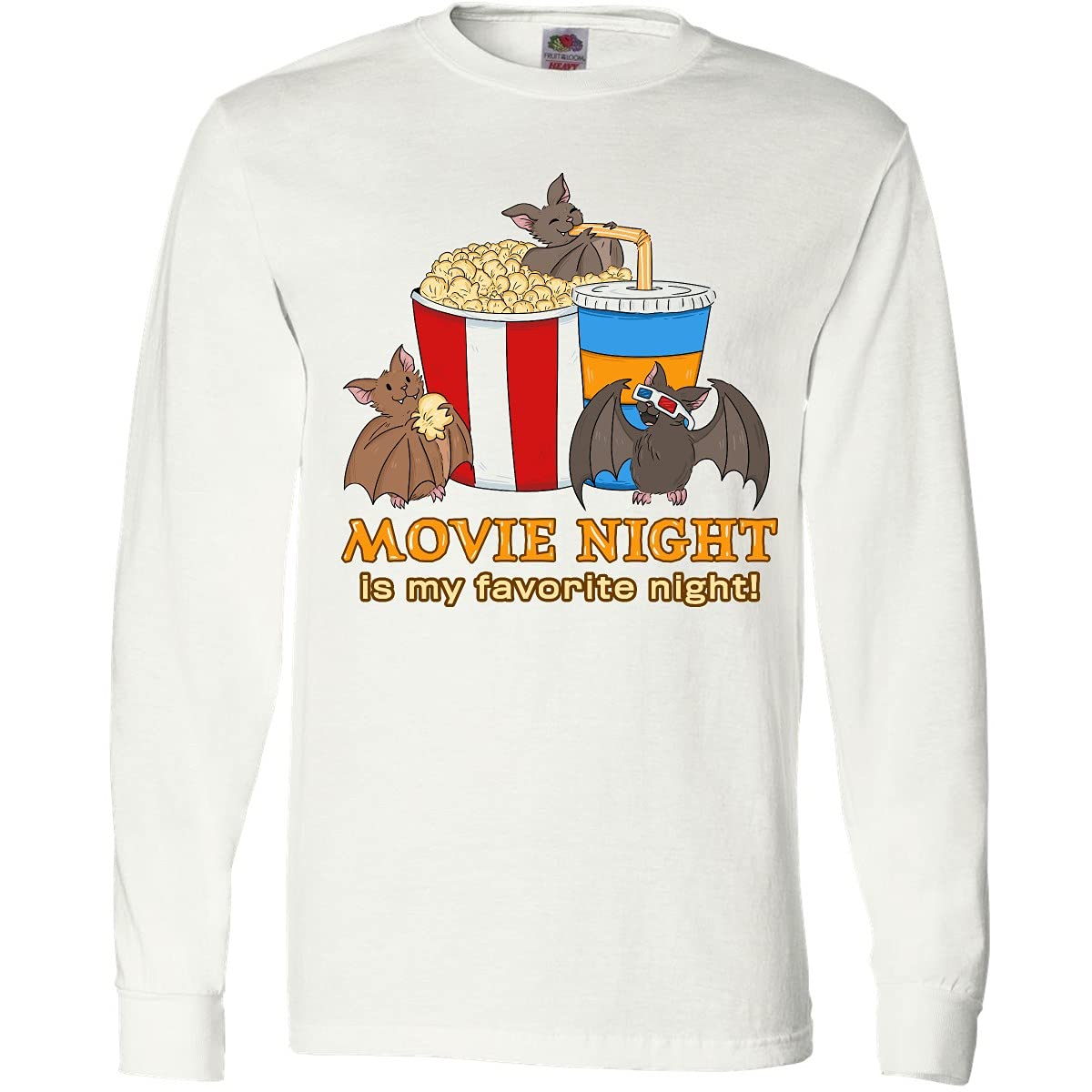 Movie Night is My Favorite Night Bats with Popcorn Long Sleeve T-Shirt | Fun Cinema Themed Graphic Tee for Film Lovers & Halloween Costumes