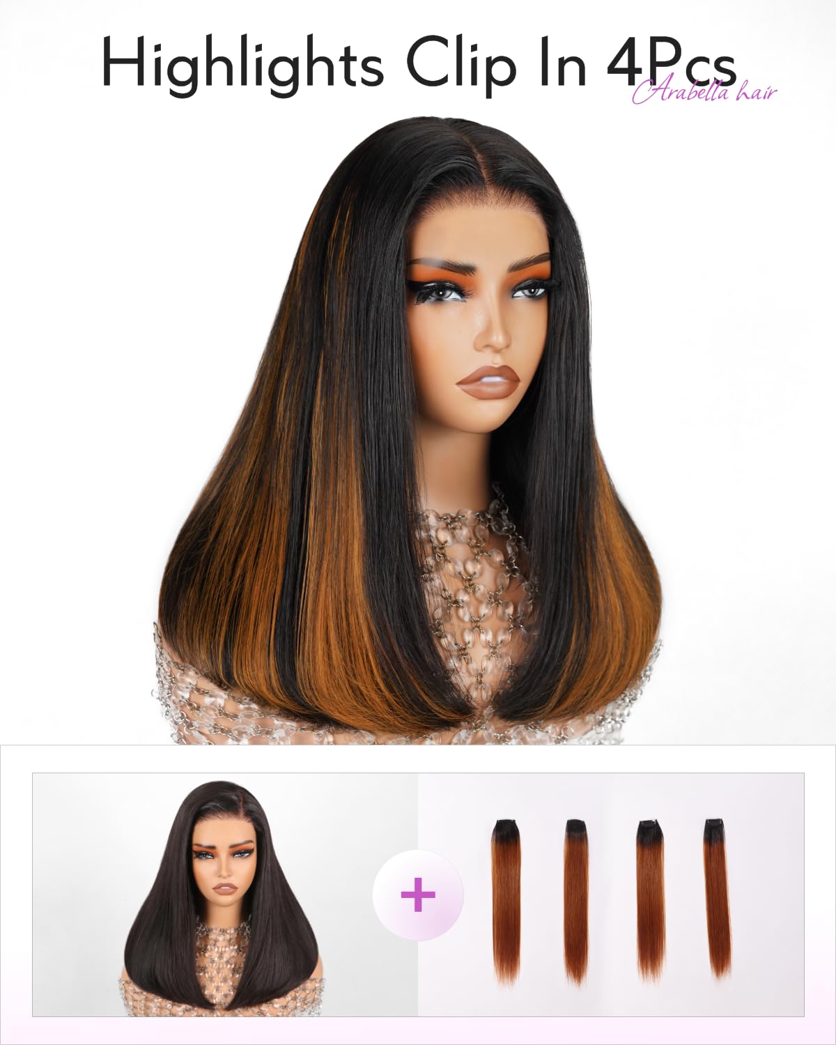 Arabella Hair 5x6 Glueless Bob Wig Human Hair with 4 Pcs 1B/30 Clip-in Extensions - Pre Plucked, Pre Cut, 280% Density, Bleached Knots - Perfect for Daily Wear, Parties & Special Occasions