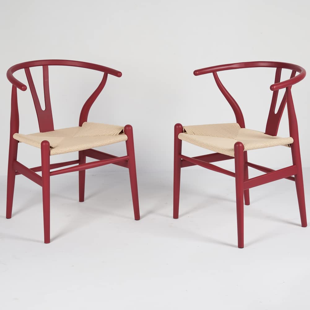 **VODUR Wishbone Chair - Natural Solid Wood Dining Chair, Hans Vegner Y Chair with Rattan & Wood Accent Armrest - Beech Wood in Rose Red - Perfect for Modern Dining Room, Kitchen, or Office**