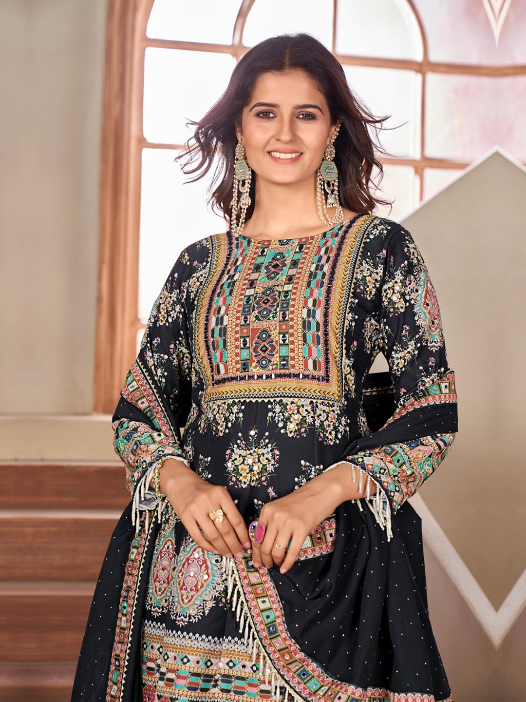 Elegant Black Traditional Designer Palazzo Suit with Heavy Fancy Real Mirror Hand Embroidery - Perfect for Weddings, Parties & Festive Occasions