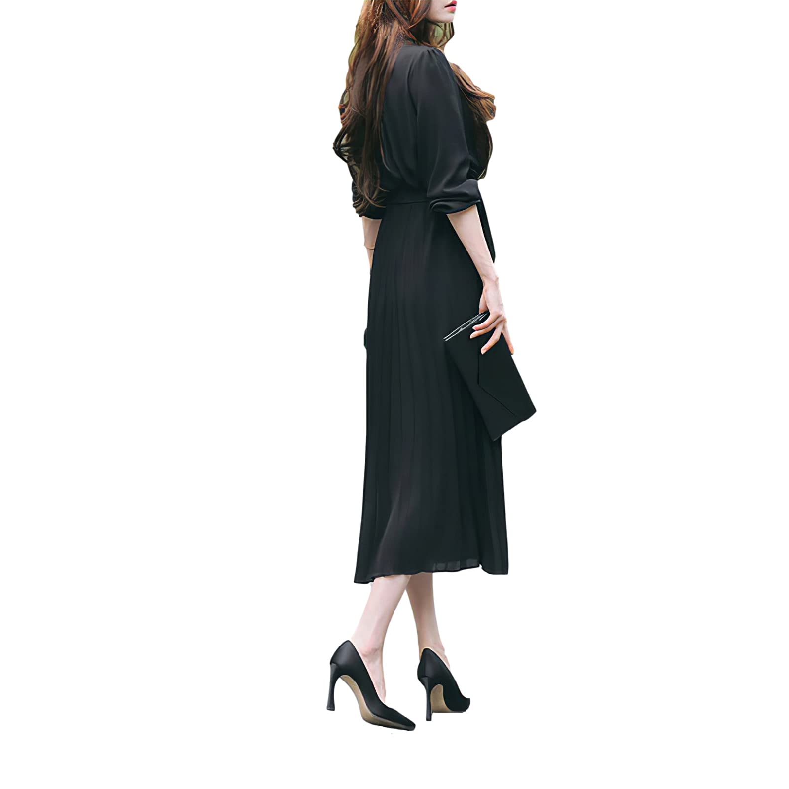 Women's Pleated Long Sleeve Loose Maxi Dress with Tie Waist - Casual Flowy Dress for Spring Summer, Beach, Vacation & Everyday Wear