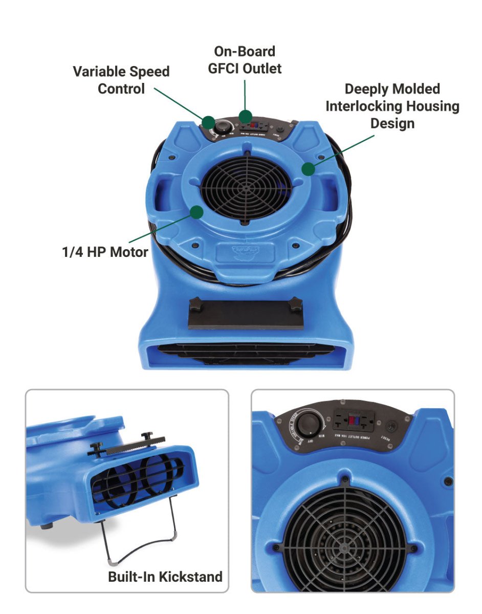 B Air Air Mover - High Power 950 CFM Variable Speed Fan with 2.0 Amp Motor | Perfect for Drying Floors, Ventilation & Home Improvement Projects