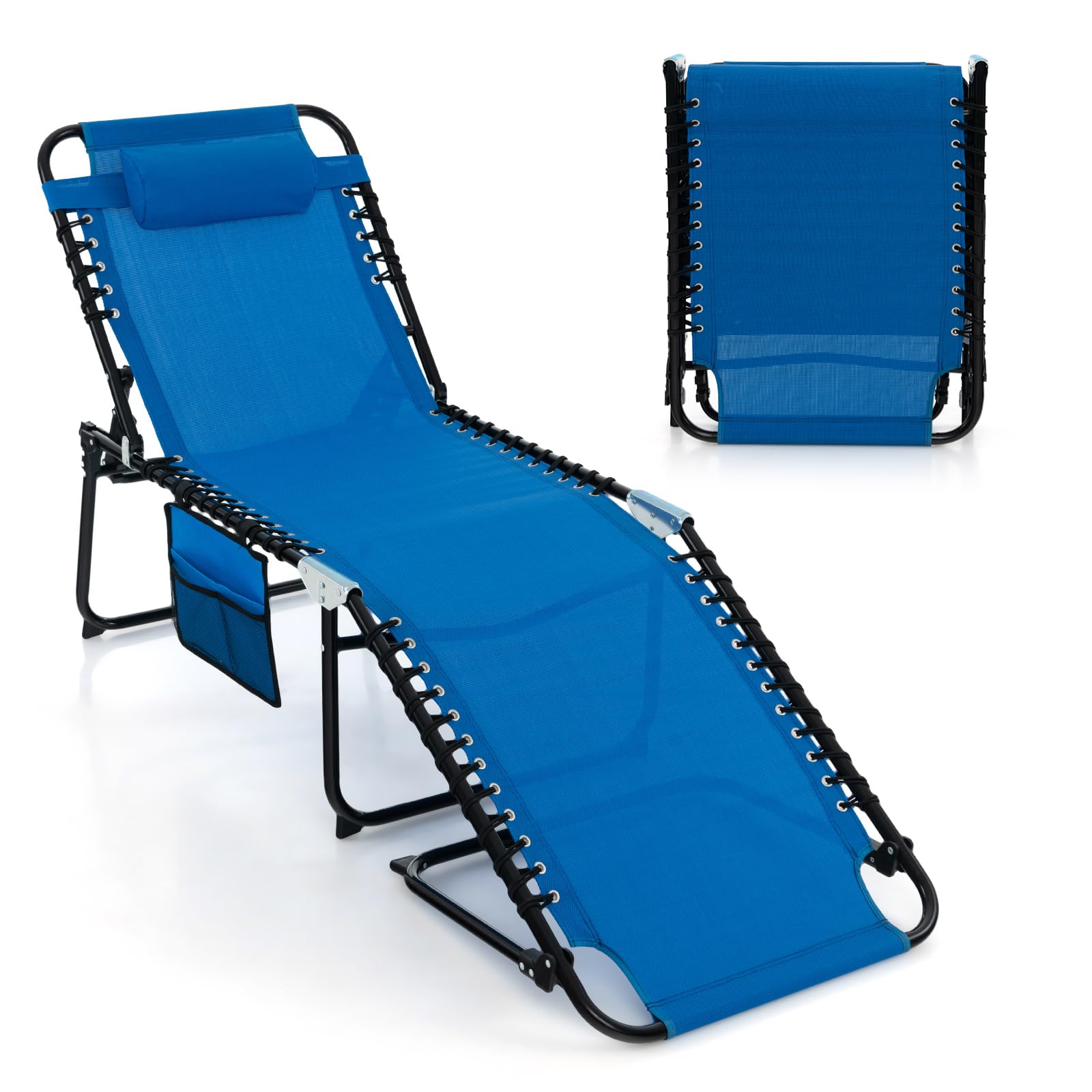 Goplus 5-Position Adjustable Chaise Lounge Chair with Detachable Pillow & Side Pocket - Outdoor Folding Beach Chair for Tanning, Patio, Lawn, Pool & Yard - Perfect for Sunbathing, Relaxing by the Pool or Backyard Lounging