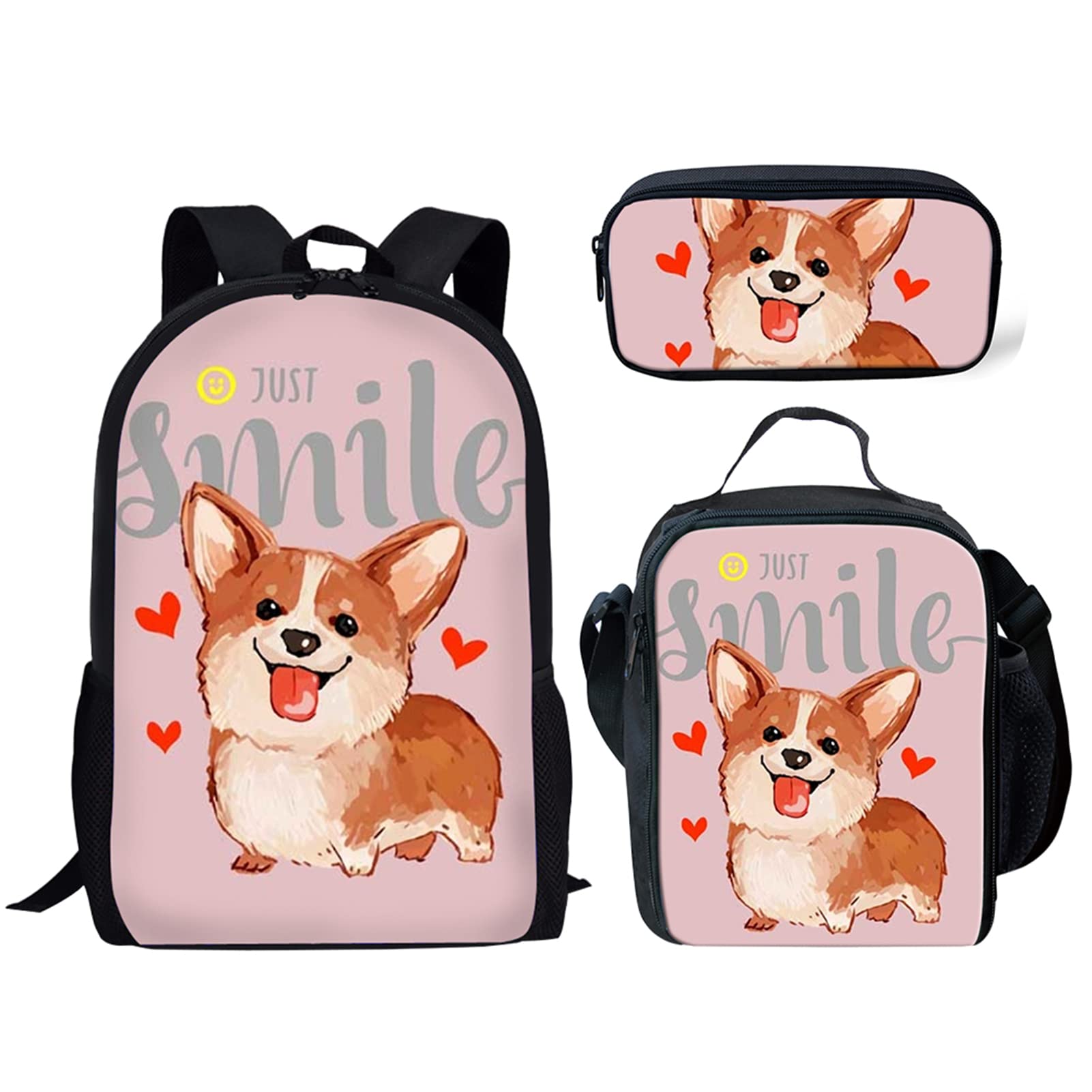 Pocelaces Cute Corgi Print 3-Piece Backpack Set for Kids & Teens - School Book Bag with Pencil Case & Lunch Box - Durable Primary & Junior High Backpack for Girls - Perfect for School, Travel & Daily Use