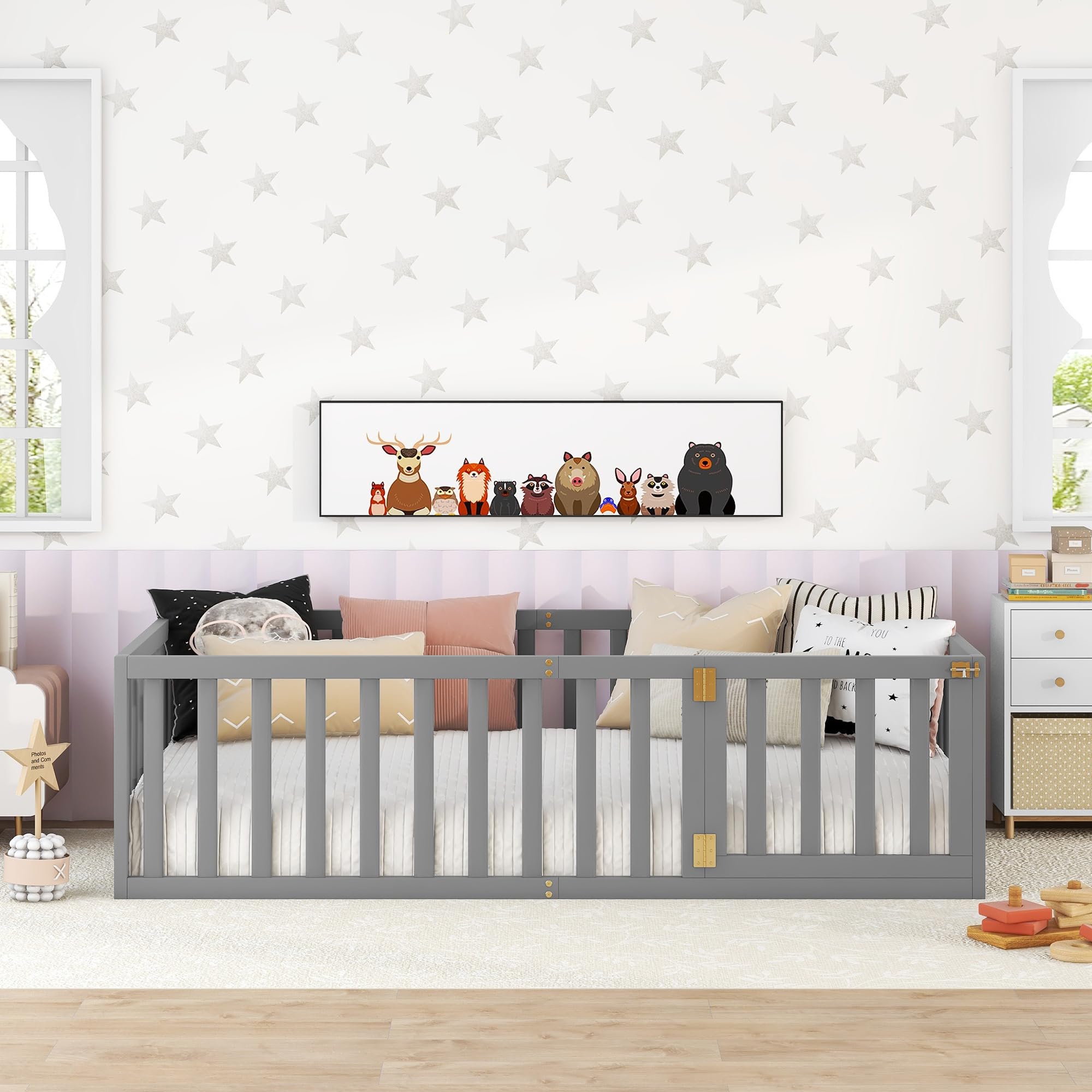 Montessori Twin Floor Bed with Safety Rails & Door - Wooden Low Profile Bed Frame for Kids, Girls & Boys - Grey - Perfect for Toddler Rooms, Daycare & Montessori Classrooms