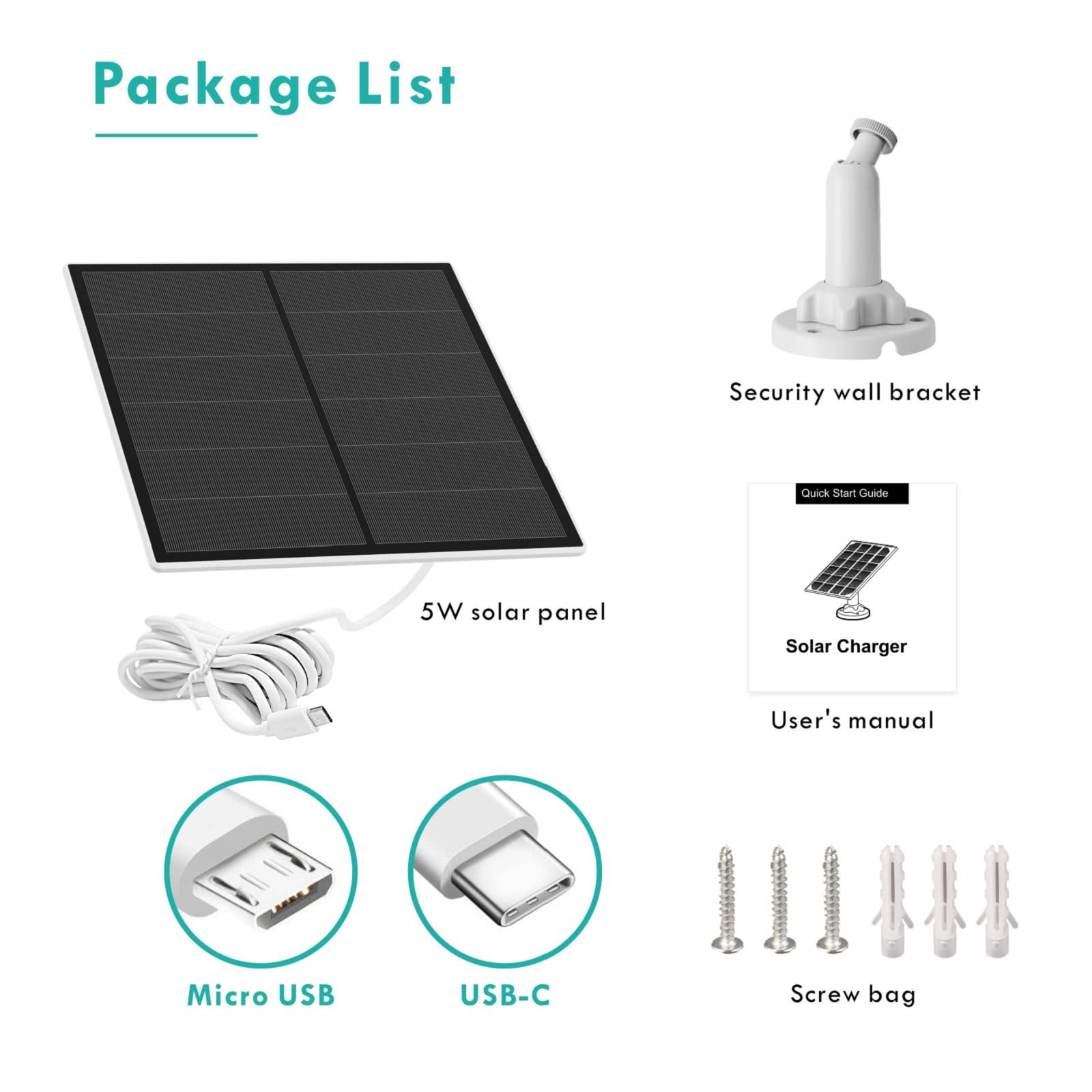 5W Solar Panel for Security Camera - Waterproof IP65, Adjustable Mount, 9.8ft Cable with Micro USB & USB-C Ports | Outdoor Rechargeable Power for DC 5V Cameras | Perfect for Home Security, Surveillance Systems & Off-Grid Monitoring