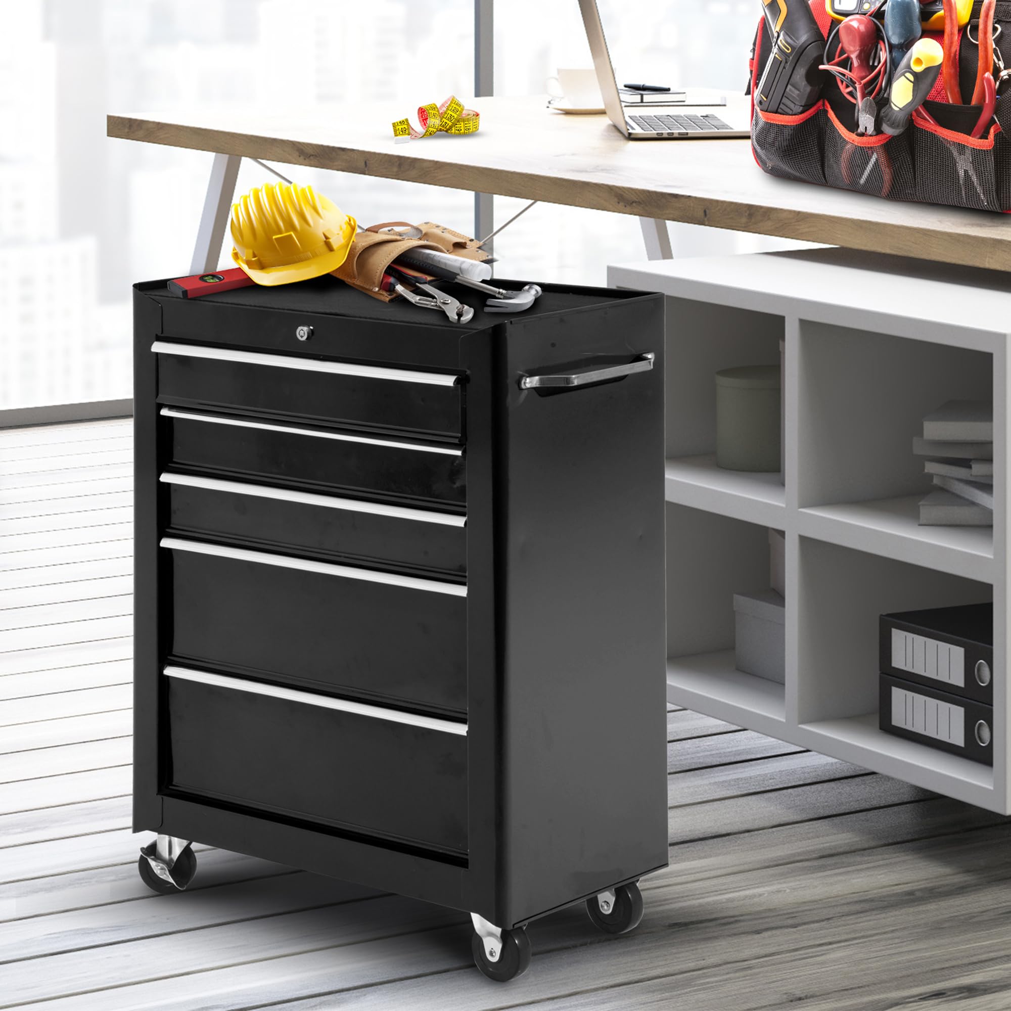HOMCOM 5-Drawer Rolling Tool Chest with Lock, Heavy-Duty Tool Cabinet with 4 Universal Wheels for Garage, Workshop & Factory Storage - Black | Perfect for DIY Projects, Auto Repair & Professional Tool Organization
