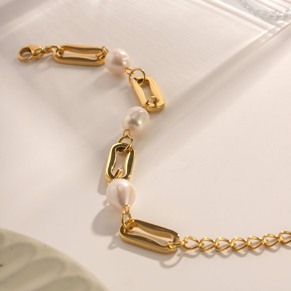 Chunky Pearl Rectangle Chain Link Bracelet for Women - Elegant Fashion Jewelry Gift for Birthday, Anniversary & Party | JDB069