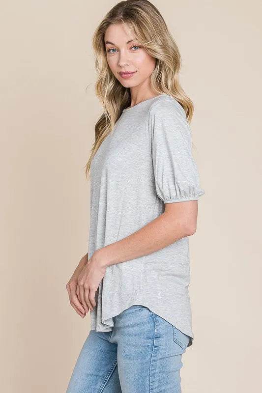 Bombom Soft Rayon Puff Sleeve T-Shirt for Women - Light Gray Casual Top for Spring & Summer | Perfect for Outfits, Dates & Vacations
