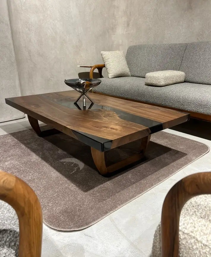 Modern Smoked Gray Resin Coffee Table with Solid Walnut Wood Legs - Stylish & Durable Living Room Furniture for Home Decor