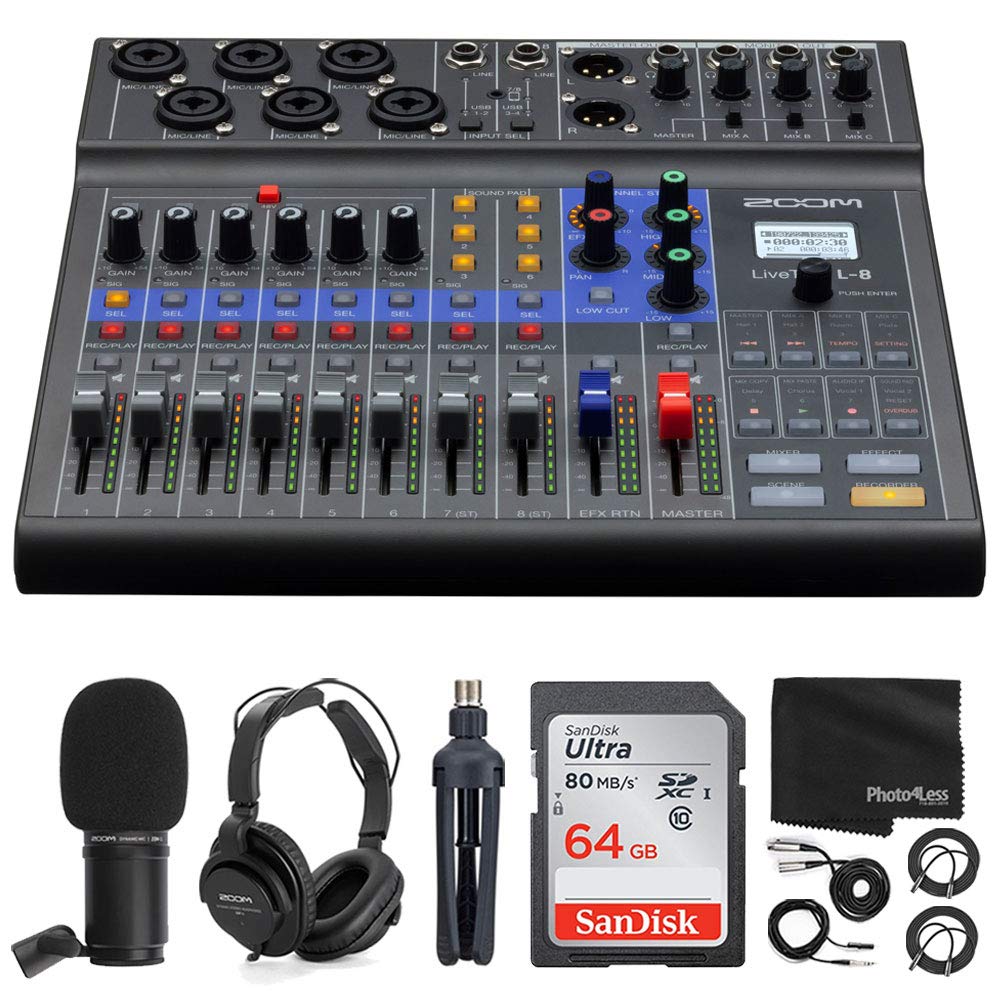 Zoom LiveTrak L-8 Portable 8-Channel Digital Mixer & Multitrack Recorder with Microphone, 64GB SD Card & Cables - Perfect for Podcasting, Live Streaming & Music Recording