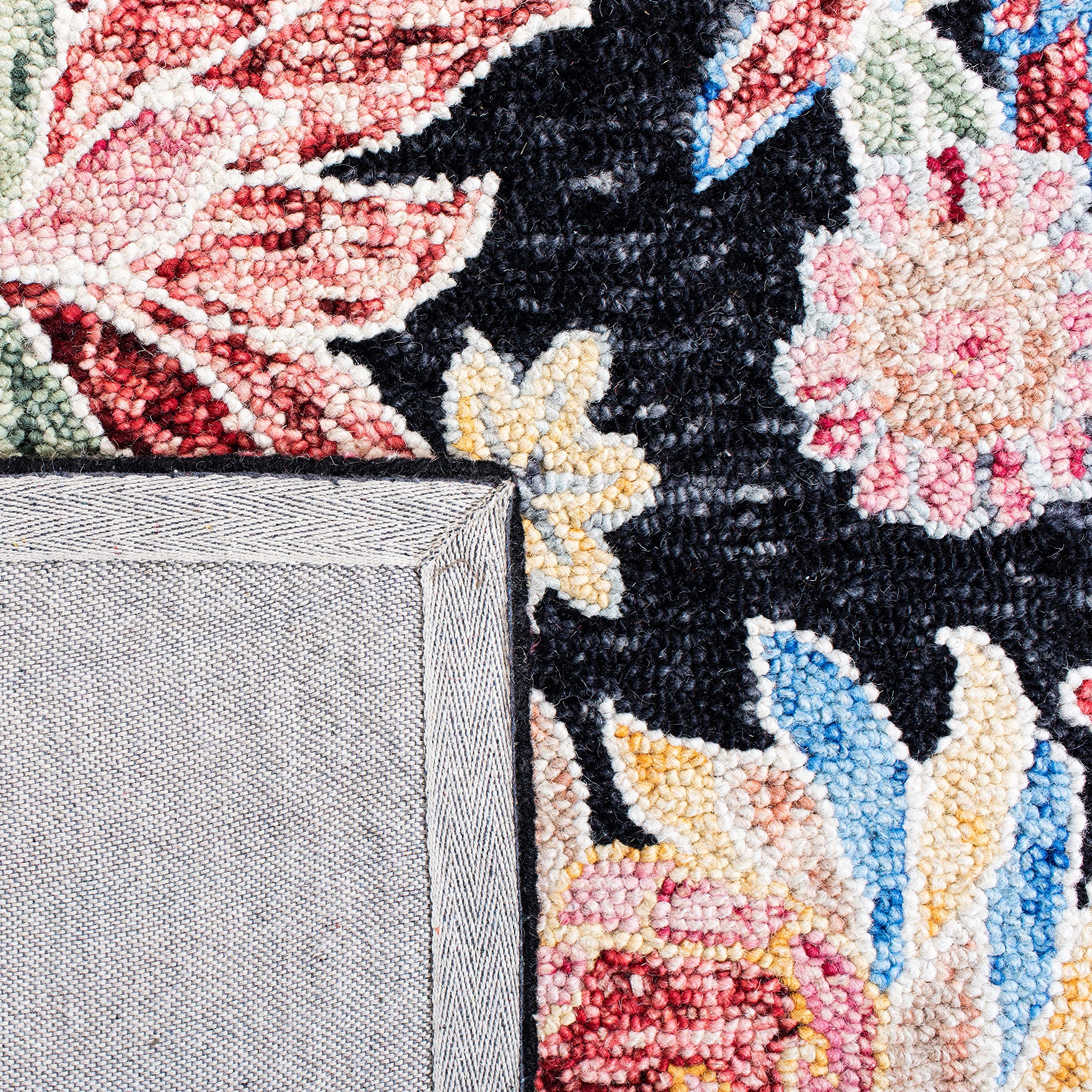 SAFAVIEH Jardin Collection 6'x6' Square Charcoal & Red Floral Handmade Wool Cotton Area Rug - Perfect for Living Room, Bedroom & Home Decor