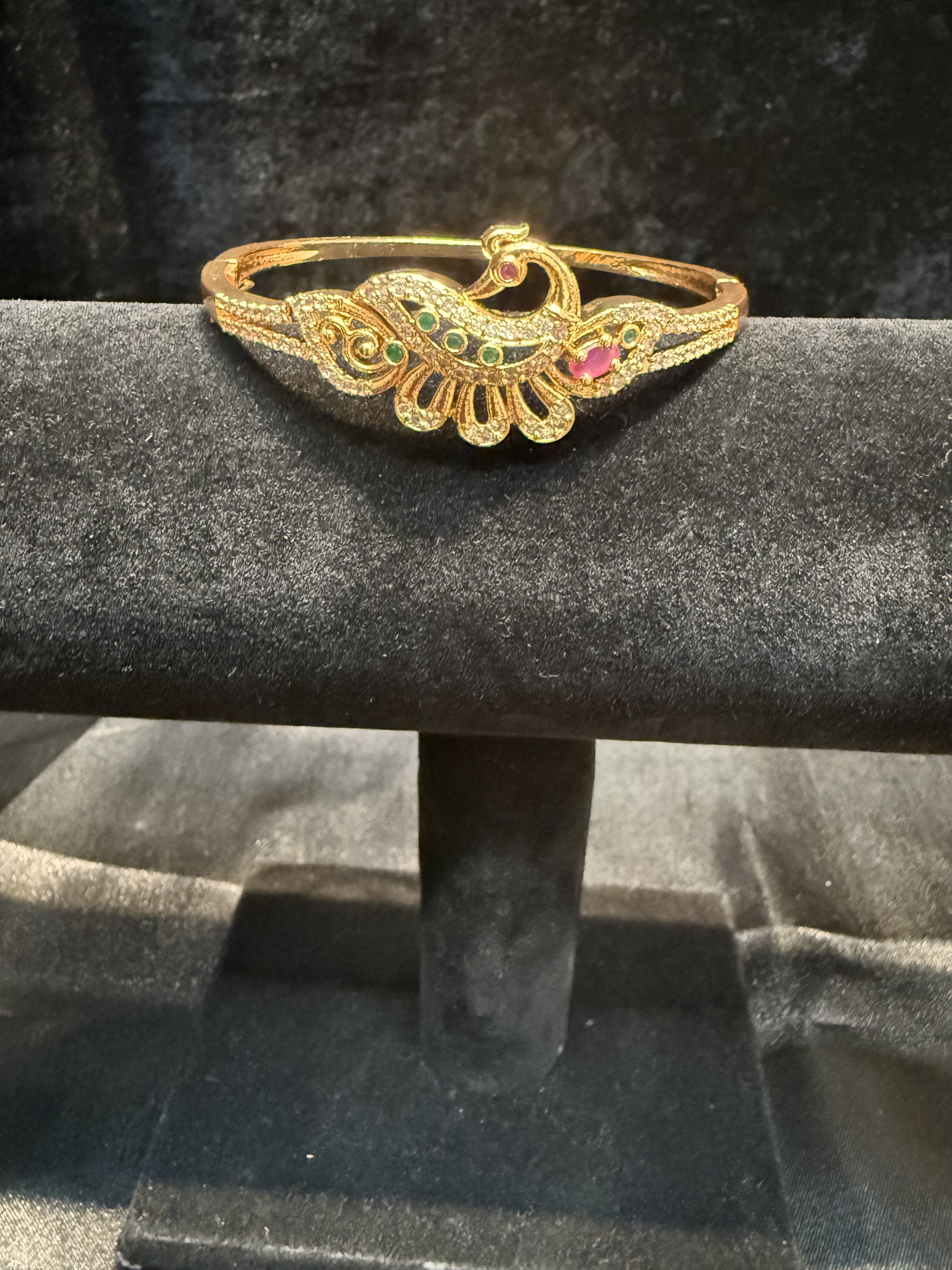 Elegant Gold Plated Peacock Design Bracelet with Green, Hot Pink & White Stones - Perfect for Parties, Weddings & Special Occasions