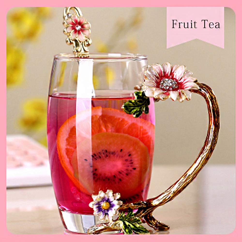 Enamel Sunflower Crystal Lead-Free Glass Tea Cup with Spoon Set - Perfect Gift for Christmas, Valentine's Day, Mother's Day - Ideal Present for Mom, Grandma, Girlfriend, Sister - Elegant Tea Time Accessories for Home, Office, or Afternoon Tea Parties