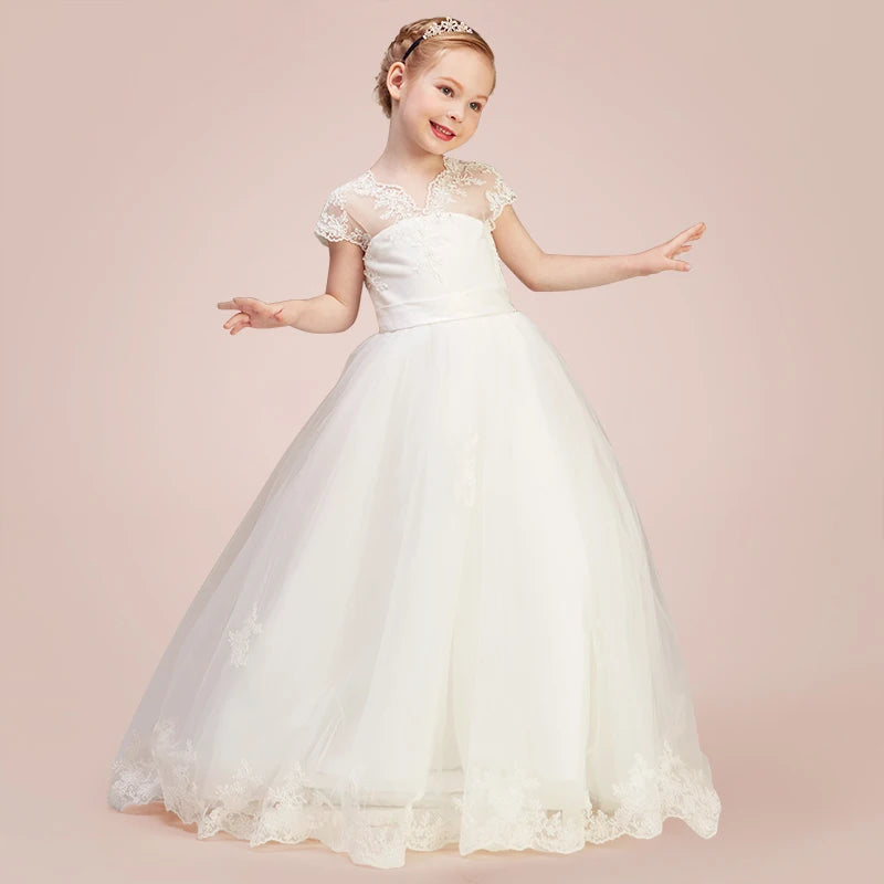 White Princess Tulle Lace Junior Dress for Girls - Short Sleeve Flower Girl Dress for Weddings, Parties & Special Occasions | Perfect for Birthday Celebrations, Pageants & Formal Events
