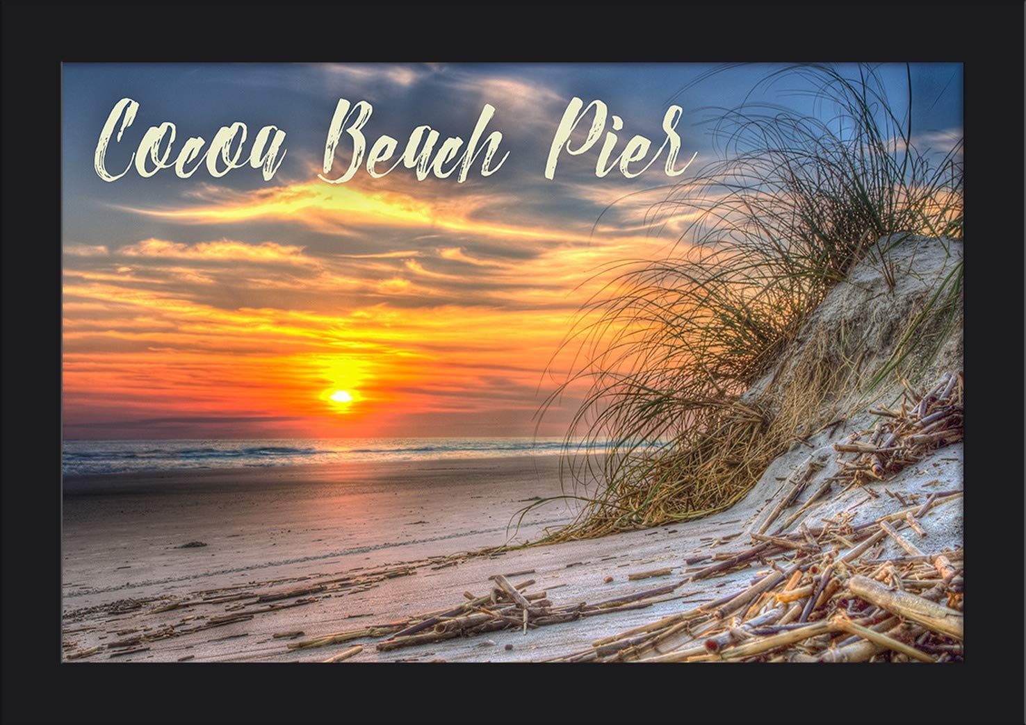 12x18 Giclee Fine Art Print - Florida Cocoa Beach Pier Sunset - Recycled Wood Black Frame - Wall Decor for Living Room, Bedroom & Office