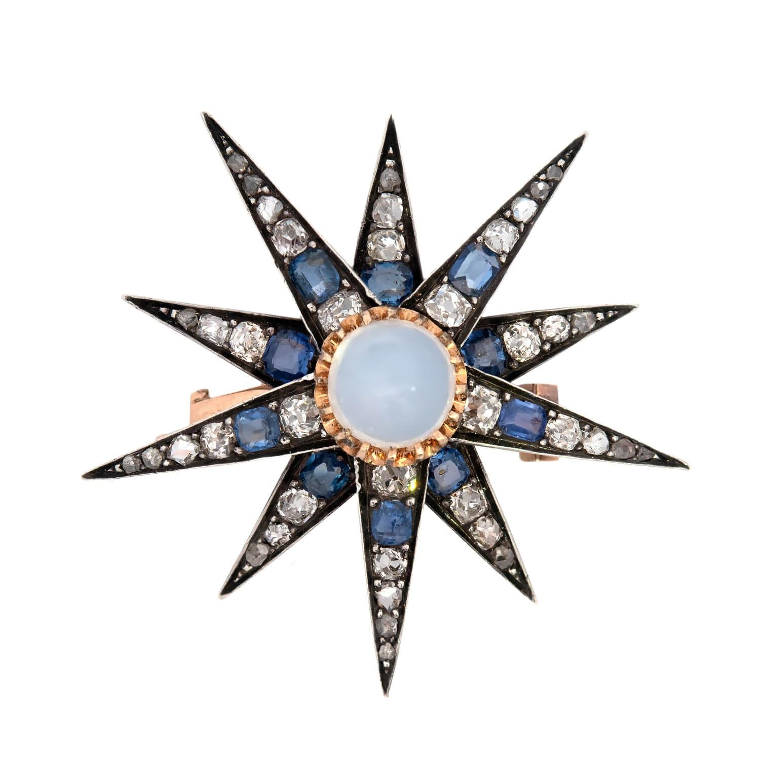 Victorian Style 14k Gold & Sterling Silver Moonstone, Diamond & Sapphire Star Pendant Necklace - Elegant Vintage Jewelry for Women, Perfect for Weddings, Anniversaries & Special Occasions