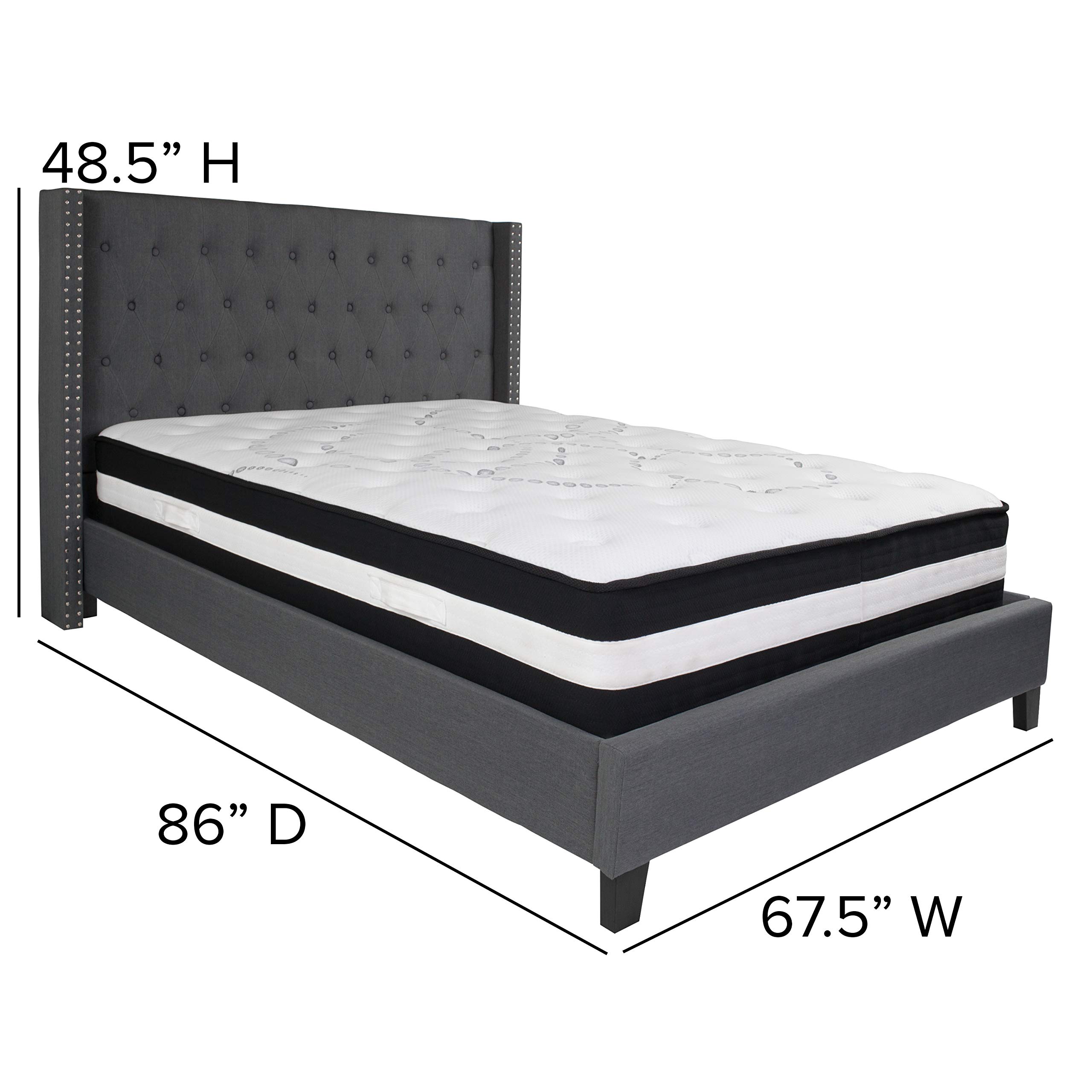 Dark Gray Fabric Queen Size Accent Extended Panel Platform Bed Frame with Mattress Foundation - Perfect for Modern Bedrooms, Guest Rooms & Master Suites
