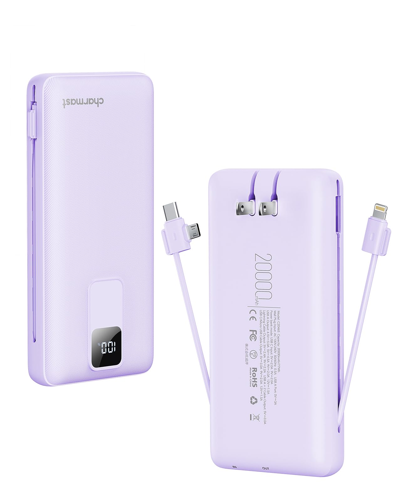 Charmast 20000mAh Portable Charger with Built-in Cables & Wall Plug - 20W Fast Charging Power Bank for iPhone 16/15/14/13, Samsung, Google, iPad - Perfect for Travel, Camping, and Emergency Power Backup