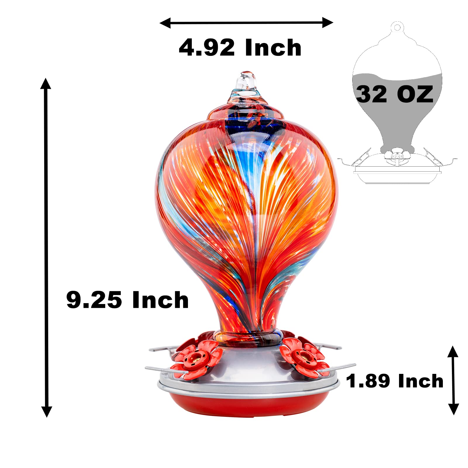 Premium Blown Glass Hummingbird Feeder - 32OZ Capacity with Vibrant Mexican Stripes Design for Garden & Backyard Decor | Attract Hummingbirds with This Elegant Muse Garden Feeder | Perfect for Outdoor Patio, Porch, and Bird Watching Enthusiasts