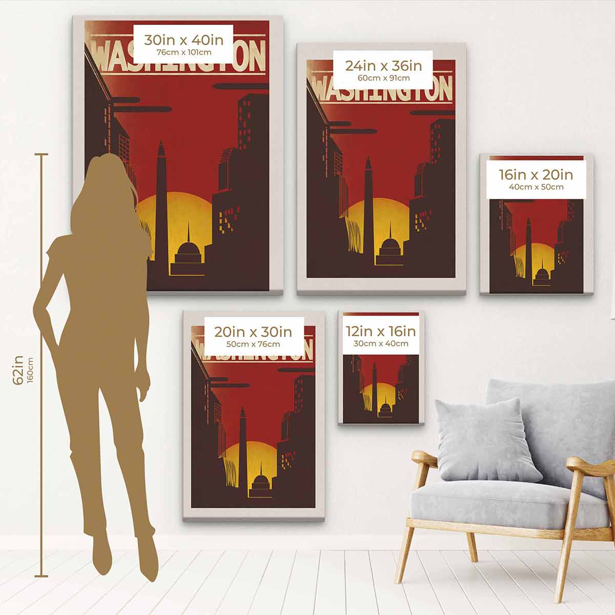 Washington Red Wall Art Canvas - 94 Inch Large Modern Home Decor for Living Room, Bedroom & Office