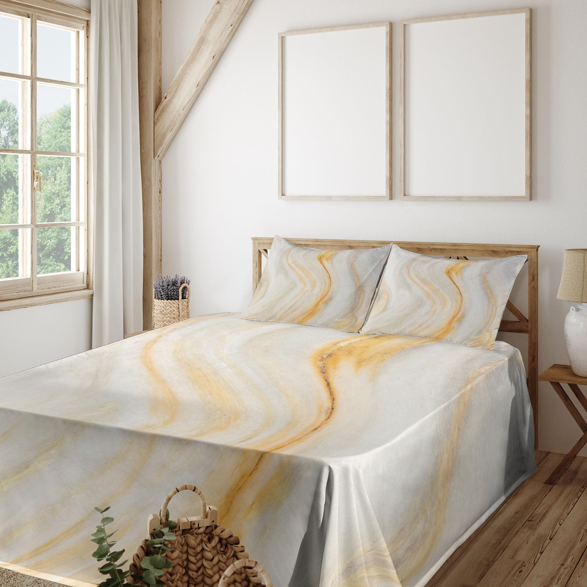 Ambesonne Psychedelic 4-Piece King Sheet Set - Wavy Brushstroke Marble Design with Splash Effects, Orange & Grey Bedding (Fitted Sheet, Flat Sheet, 2 Pillowcases) | Modern Art Inspired Bedroom Decor for Adults & Teens