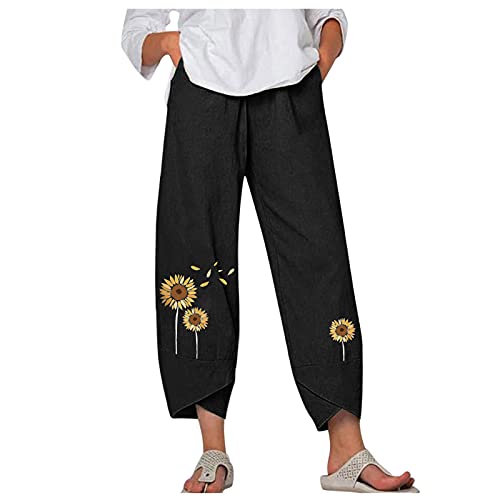 WOCACHI Women's Summer Casual Loose Cotton Linen Pants - Floral Print Yoga Trousers with Pockets, Harem Sweatpants | Comfortable Lounge Wear for Yoga, Travel & Home Relaxation