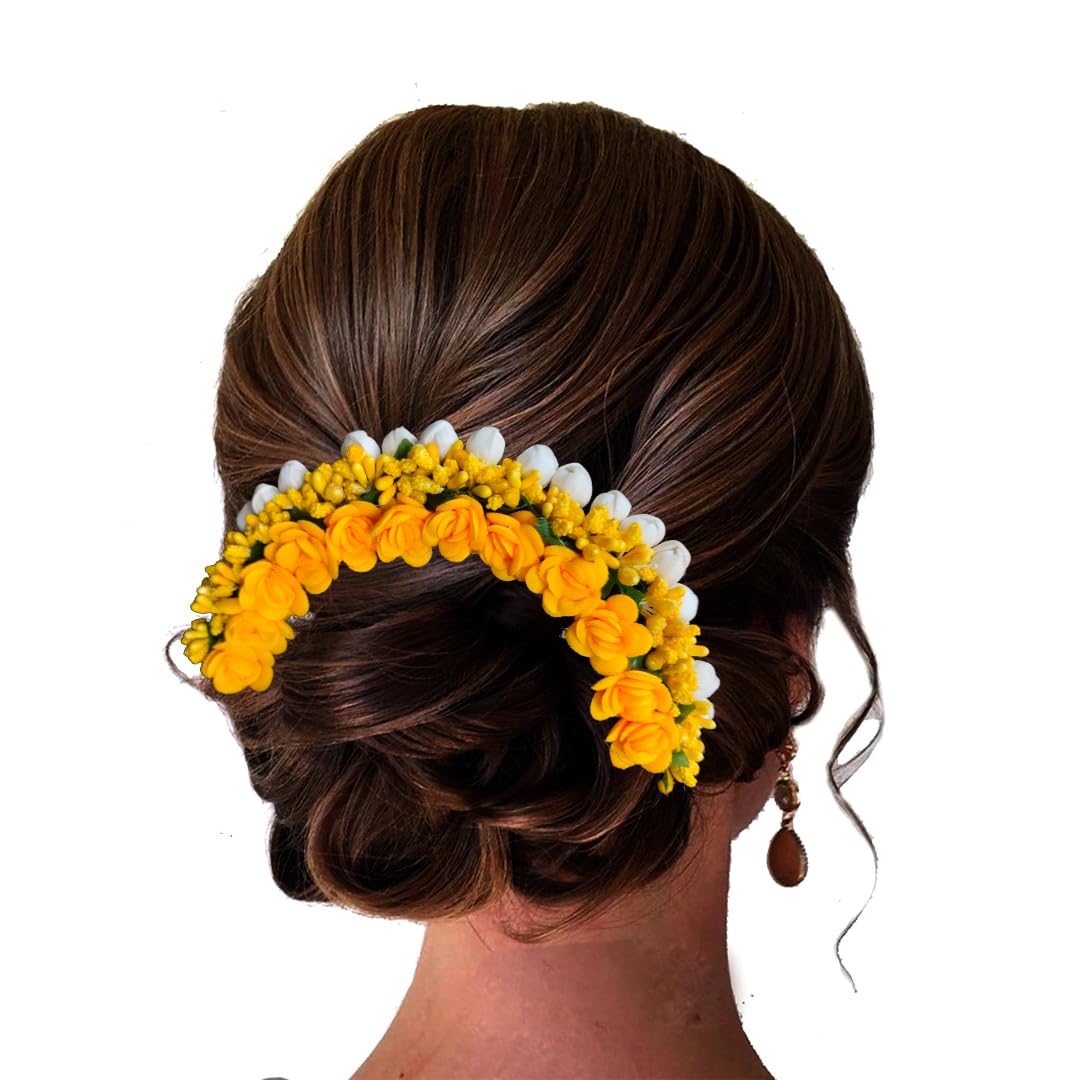 Rose Floral Hair Veil with Pollen - Bridal Hair Flower Accessories for Women | Gajra Style Hair Pin for Girls | Juda Bun Pin (Yellow) - Perfect for Weddings, Parties & Special Occasions
