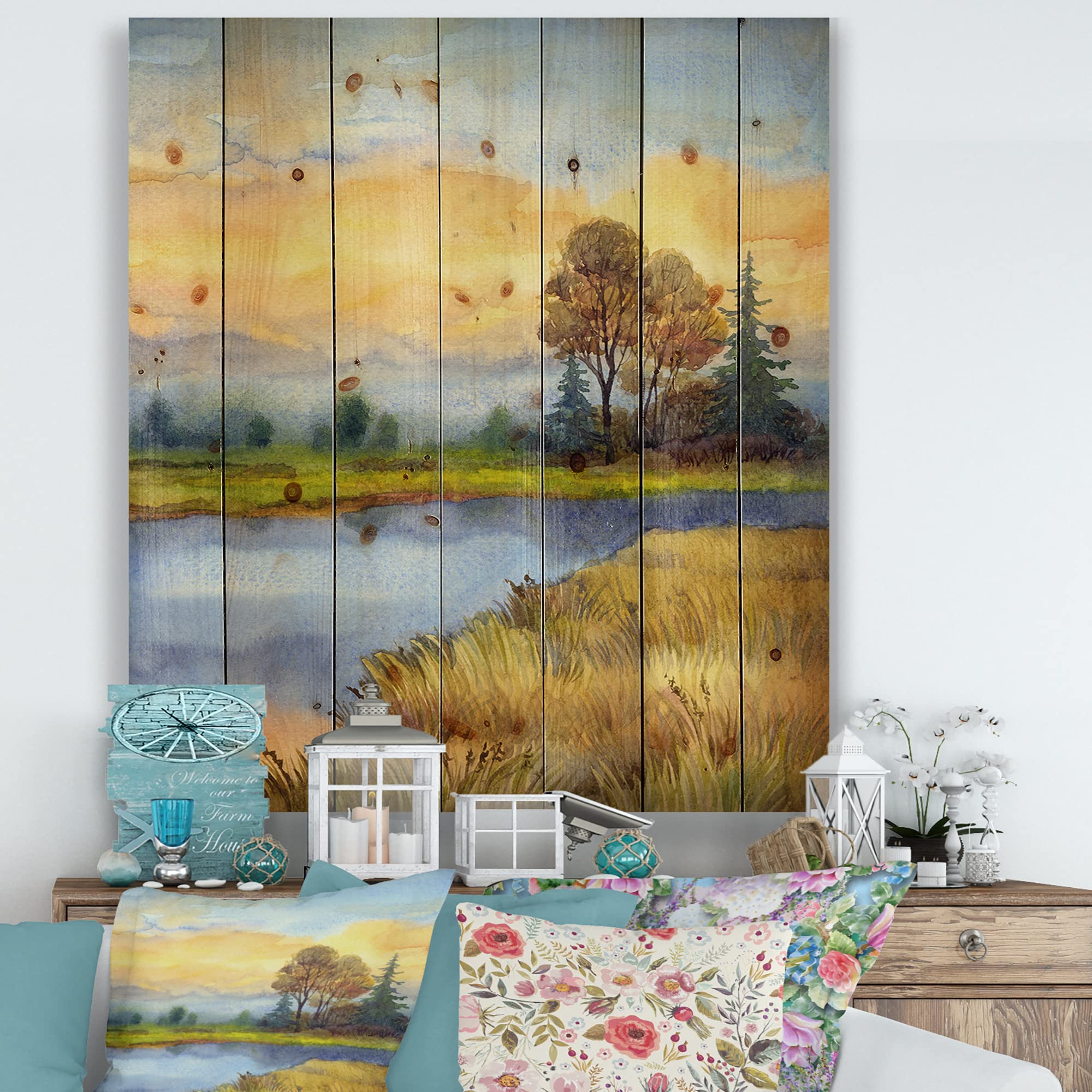 DesignQ Nature-Inspired Lake House Wood Wall Decor - Blue Wood Wall Art with Large Landscape Print on Natural Pine Wood - Perfect for Living Room, Bedroom, or Cabin Decor